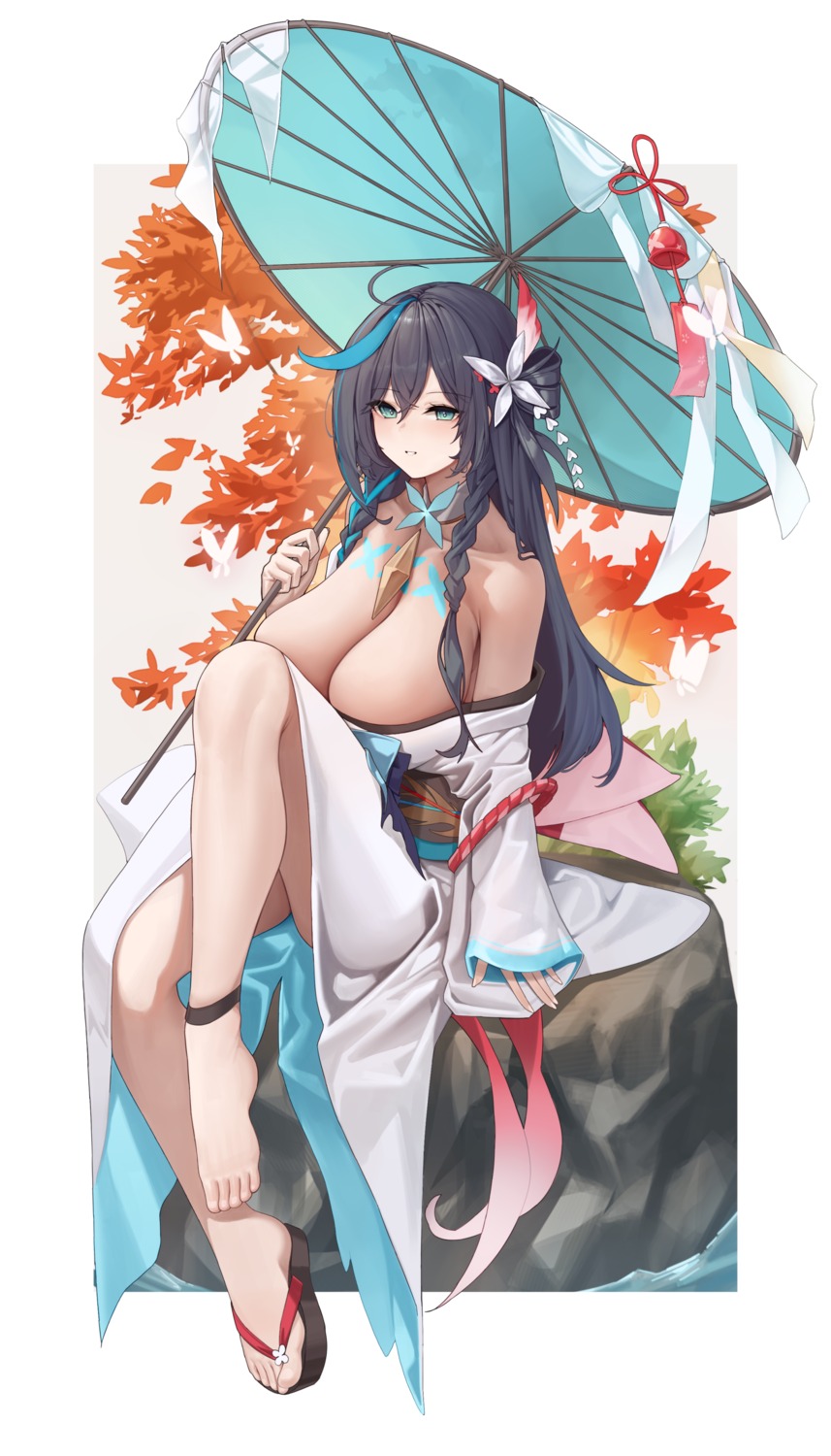 epic7 japanese_clothes mung_(larnec) no_bra skirt_lift tattoo umbrella