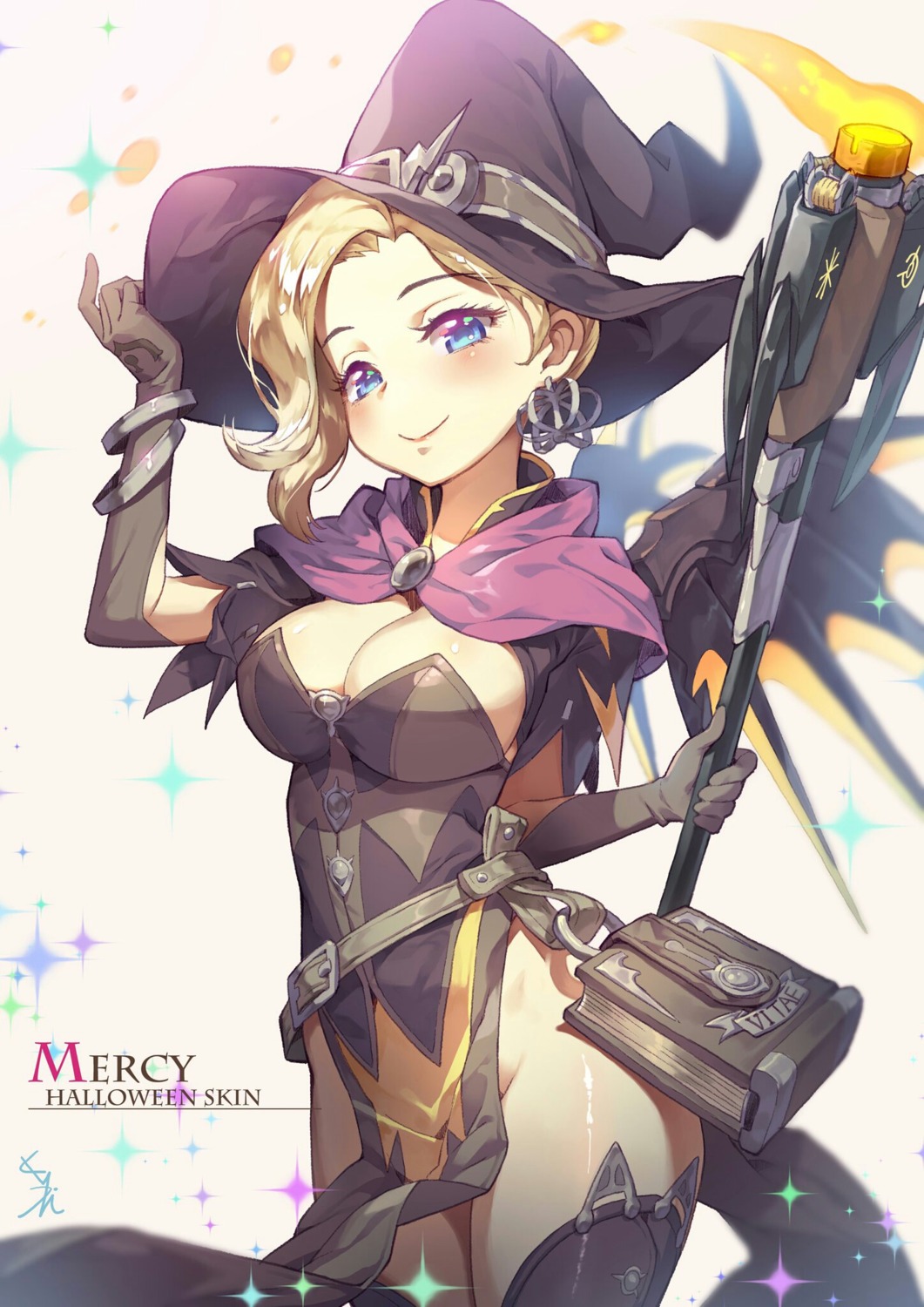 cleavage halloween kakiman mercy_(overwatch) nopan overwatch thighhighs weapon wings witch