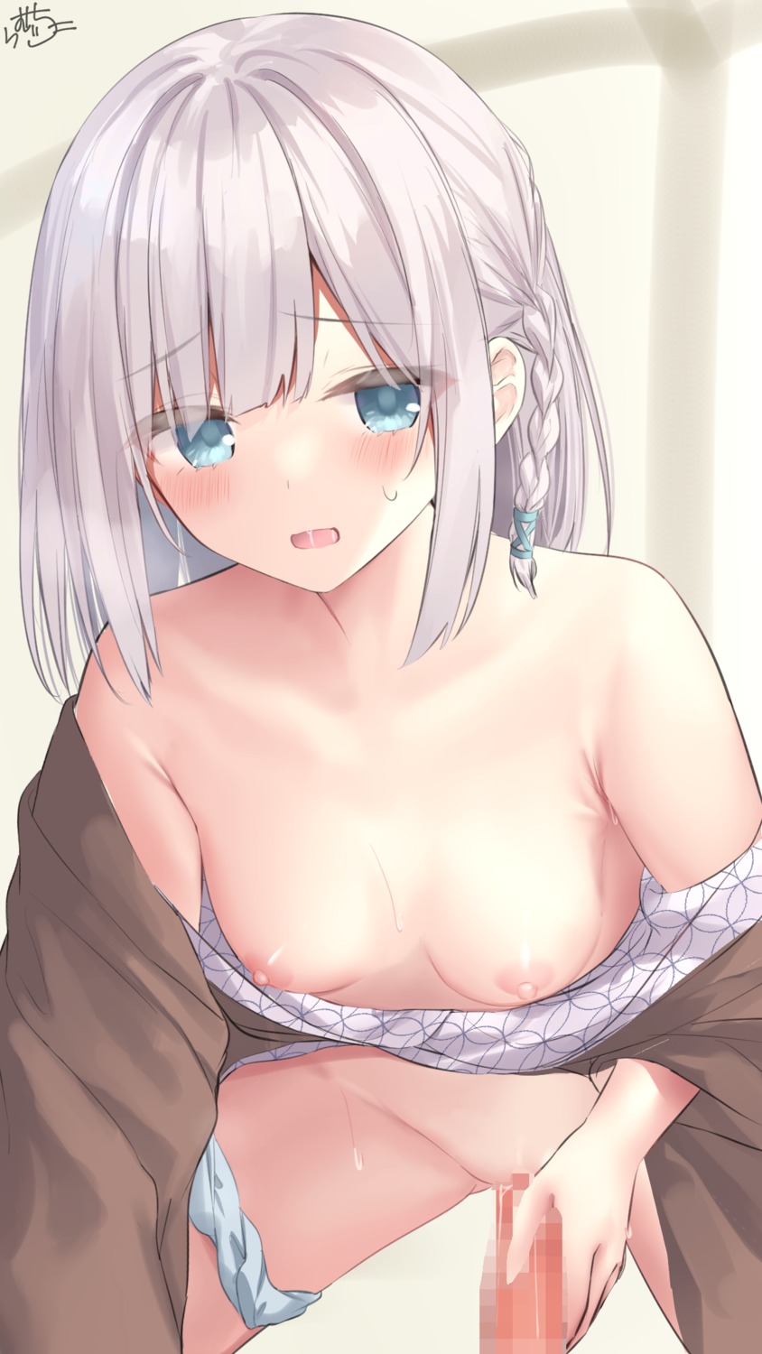 breasts censored japanese_clothes nipples no_bra open_shirt pantsu panty_pull penis pussy pussy_juice ramchi skirt_lift