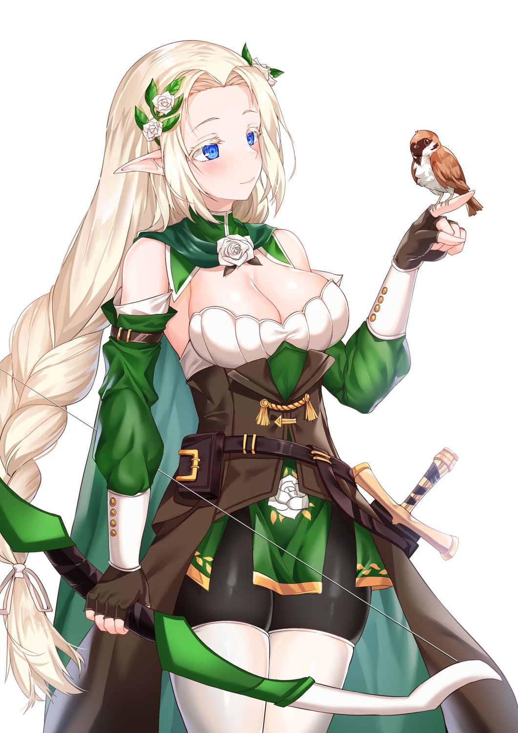 cleavage elf pantyhose pointy_ears sword tagme thighhighs weapon