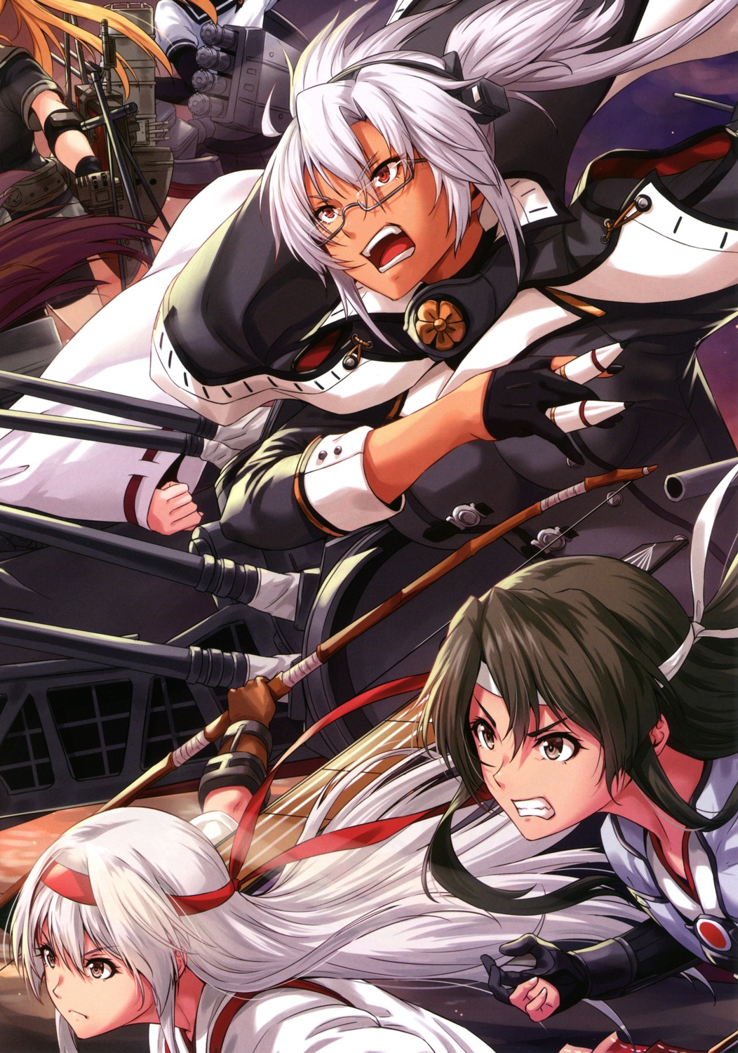 abukuma_(kancolle) hatsuzuki_(kancolle) japanese_clothes kantai_collection megane musashi_(kancolle) sakiyamama screening seifuku shoukaku_(kancolle) weapon zuikaku_(kancolle)