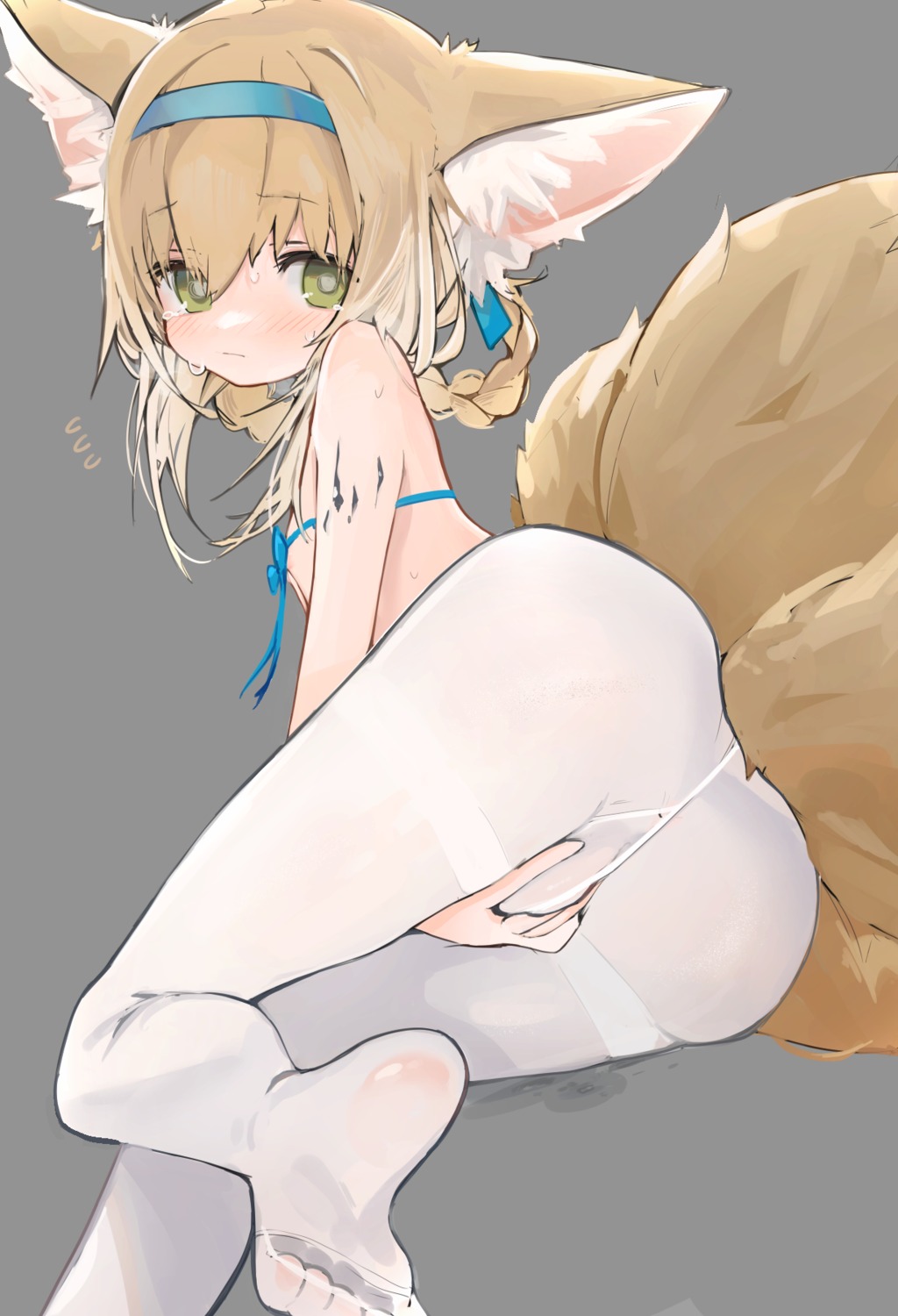 animal_ears areola arknights ass feet kitsune loli mikojin no_bra nopan pantyhose see_through suzuran_(arknights) tail