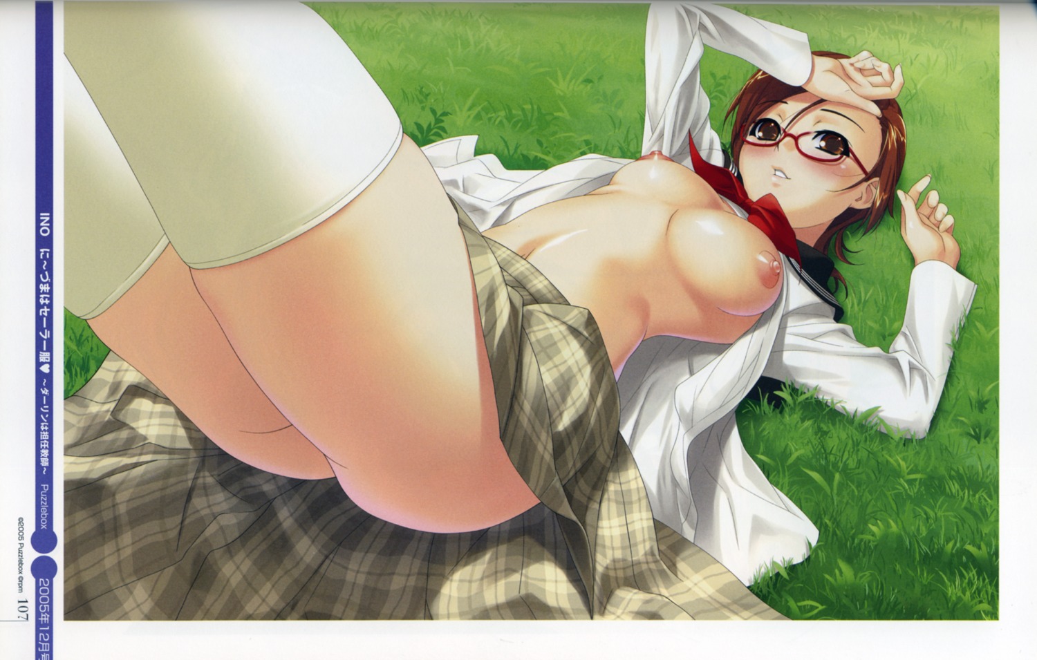 binding_discoloration breasts ino megane nipples no_bra nopan open_shirt seifuku thighhighs