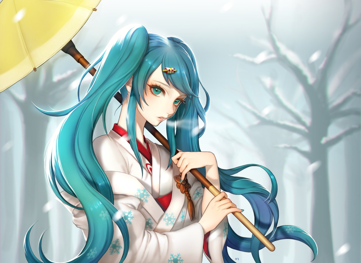 aegyo hatsune_miku kimono umbrella vocaloid yuki_miku