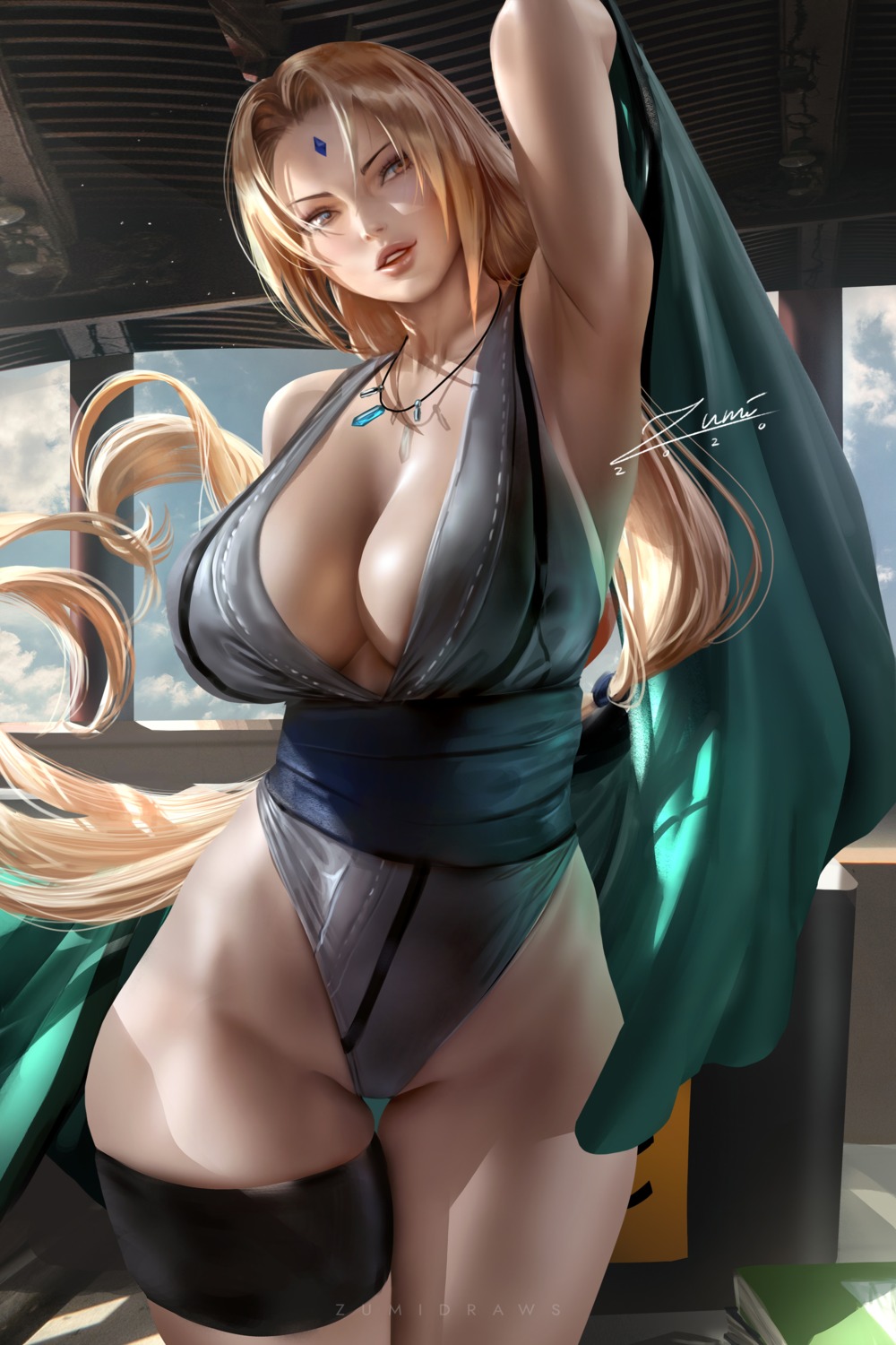 cleavage garter leotard naruto naruto_shippuden no_bra official_watermark tsunade zumi_(zumidraws)