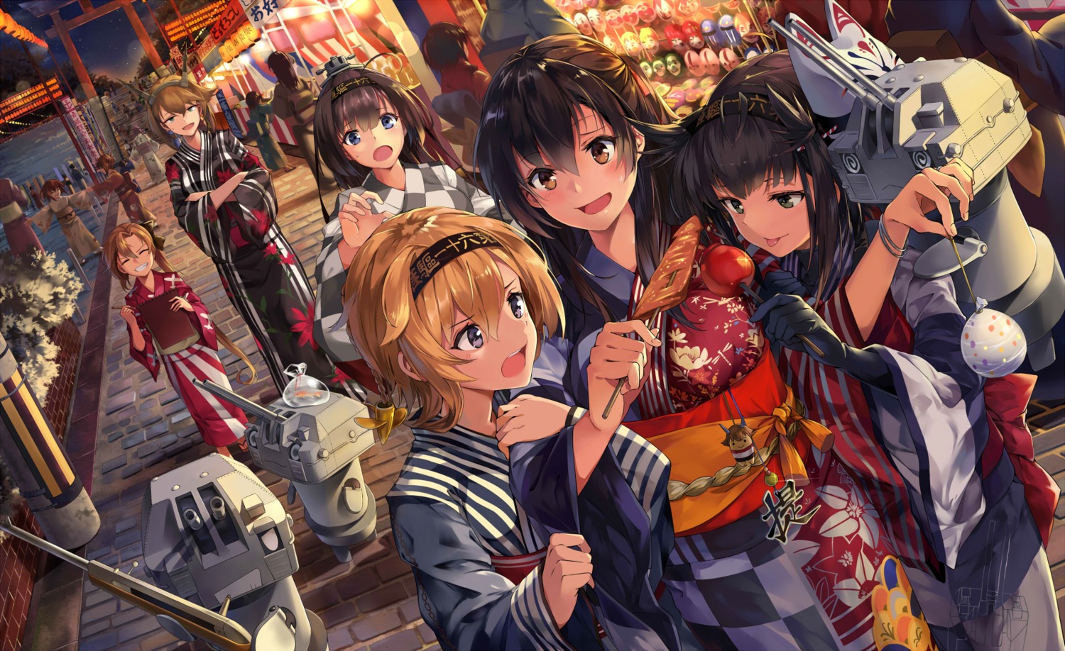 akigumo_(kancolle) akizuki_(kancolle) female_admiral_(kancolle) gun hatsuzuki_(kancolle) ikazuchi_(kancolle) inazuma_(kancolle) kantai_collection mutsu_(kancolle) neko_(yanshoujie) teruzuki_(kancolle) yukata