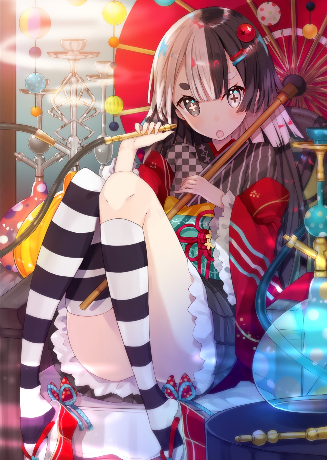 heterochromia japanese_clothes sakofu thighhighs umbrella