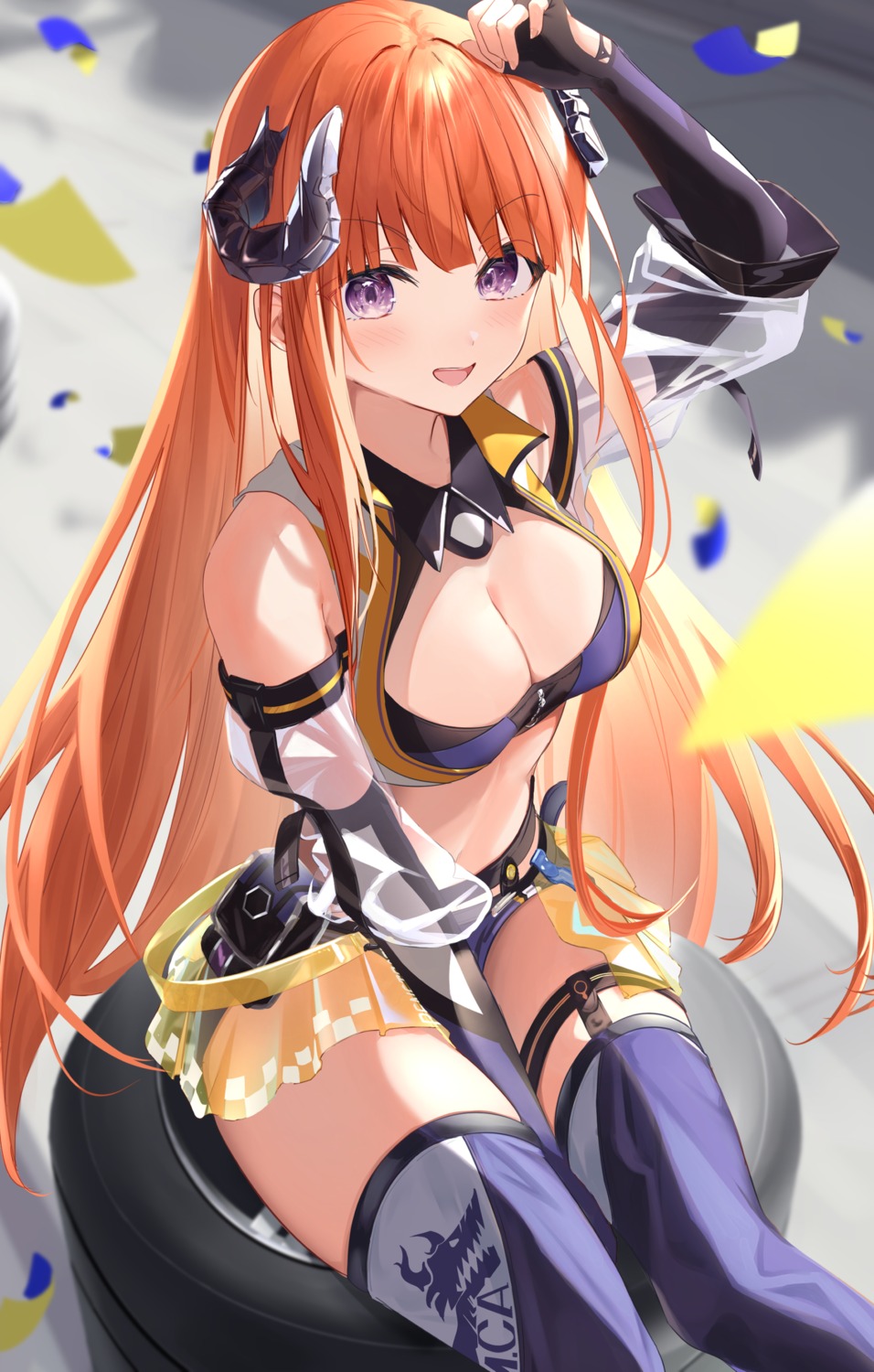 arknights bagpipe_(arknights) bra garter horns nokke_o see_through stockings thighhighs