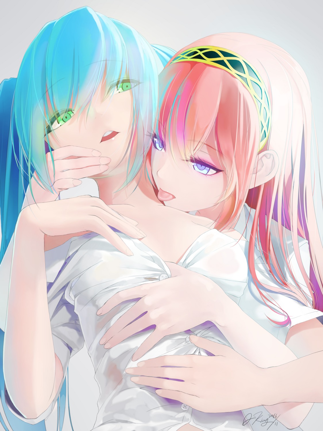 dress_shirt hatsune_miku megurine_luka no_bra okingjo open_shirt see_through vocaloid yuri