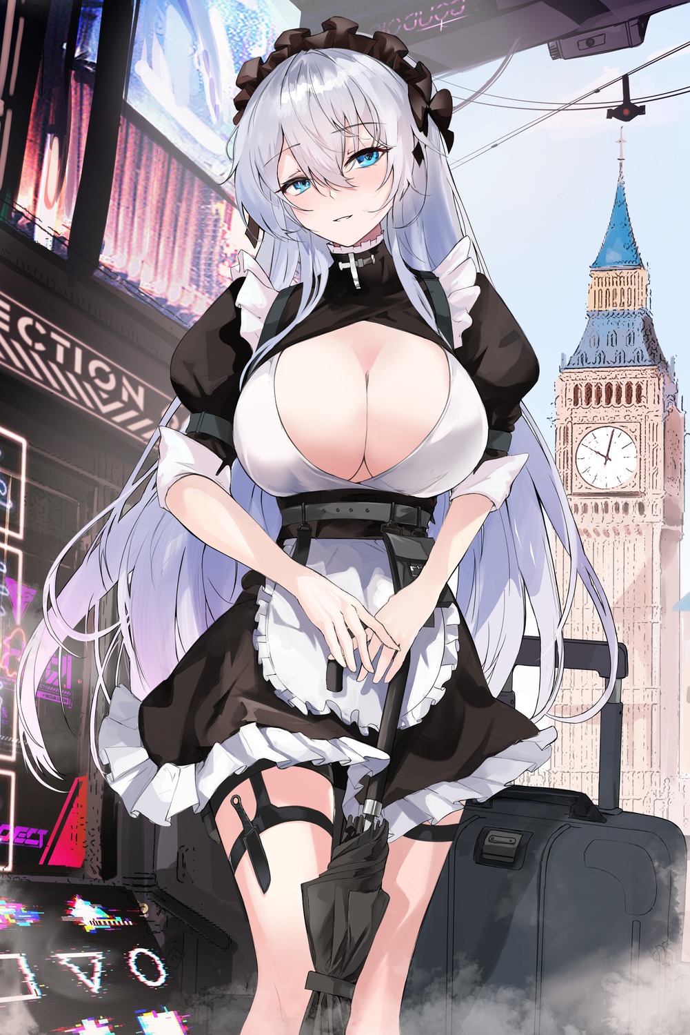 garter kooemong maid no_bra skirt_lift umbrella weapon