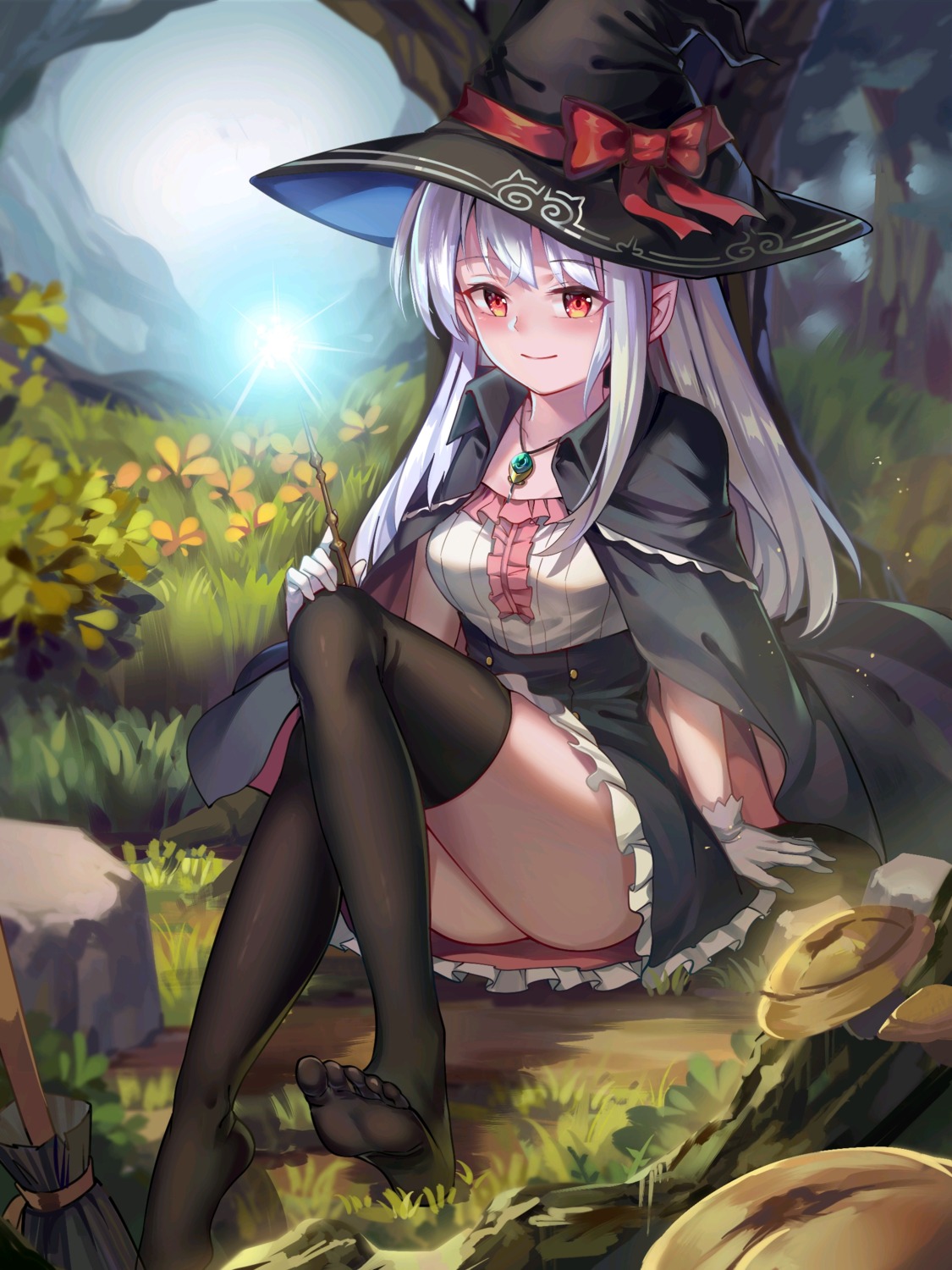 feet ginyasama pointy_ears skirt_lift thighhighs weapon witch