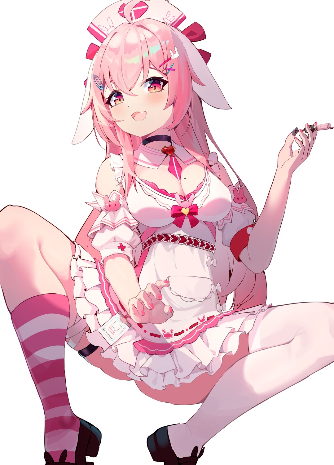 animal_ears bandages bunny_ears cleavage garter nurse qiuyueruona skirt_lift thighhighs