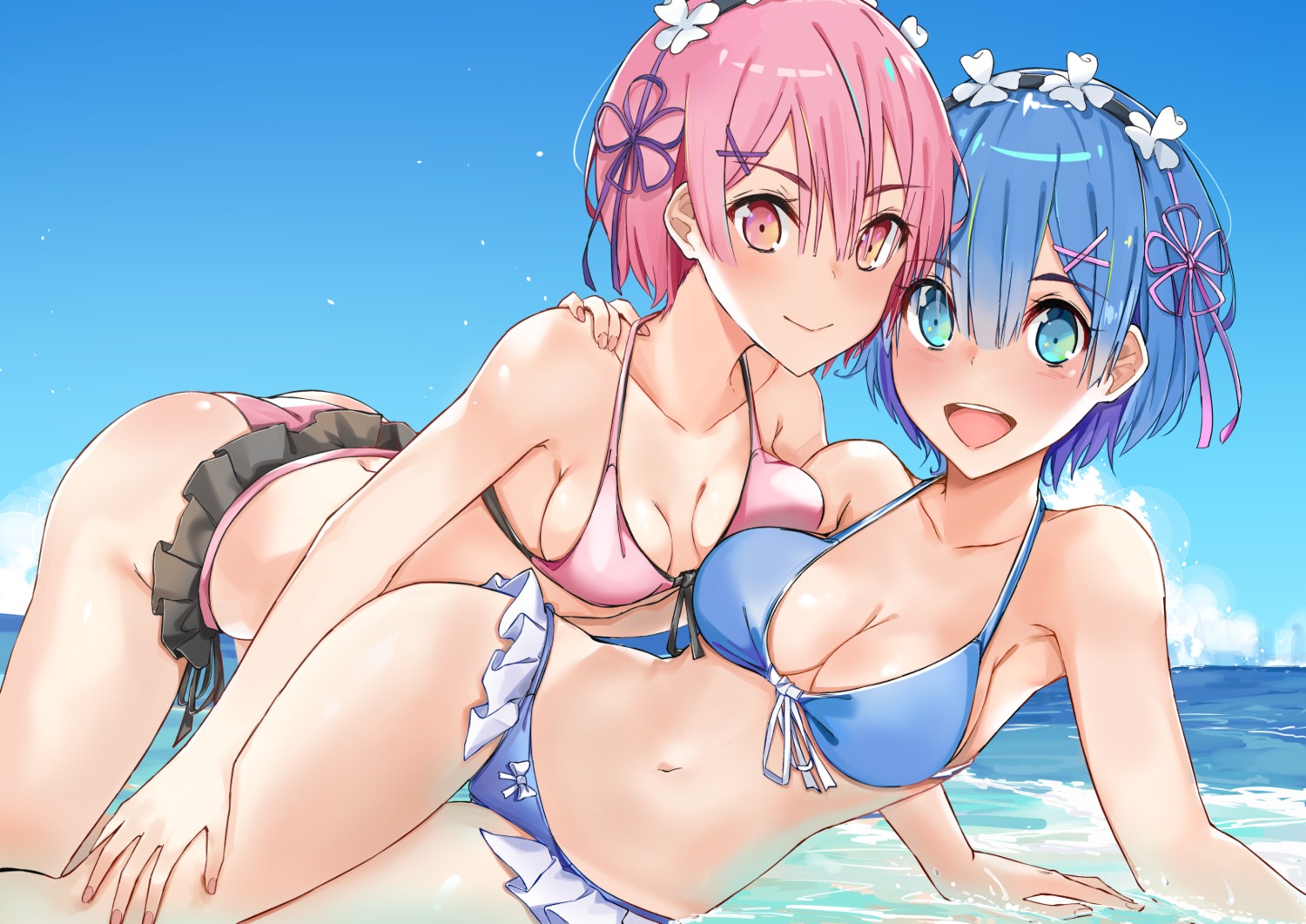 bikini cleavage ram_(re_zero) re_zero_kara_hajimeru_isekai_seikatsu rem_(re_zero) swimsuits wet xhunzei