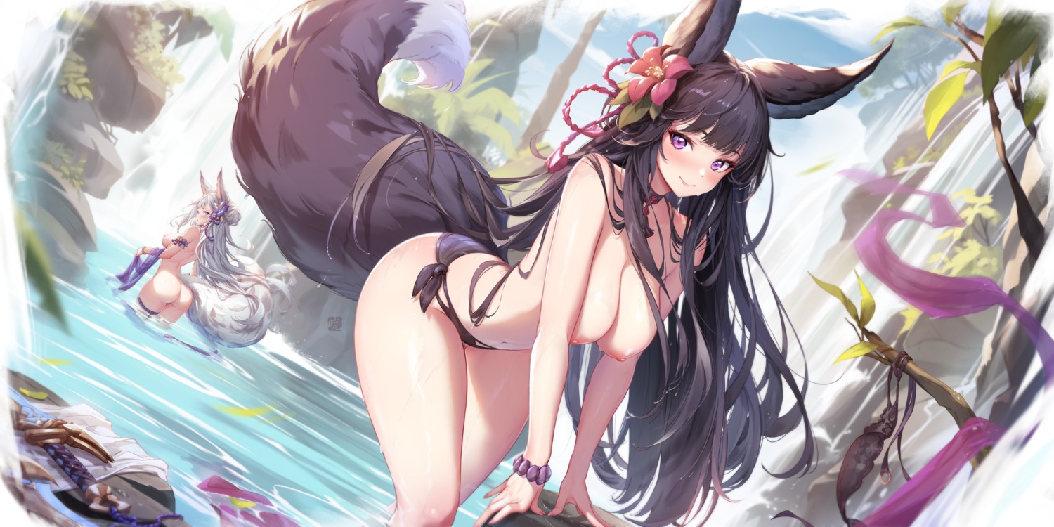 animal_ears ass bikini granblue_fantasy mitsu_(mitsu_art) nipples socie_(granblue_fantasy) swimsuits tail topless wet yuel_(granblue_fantasy)