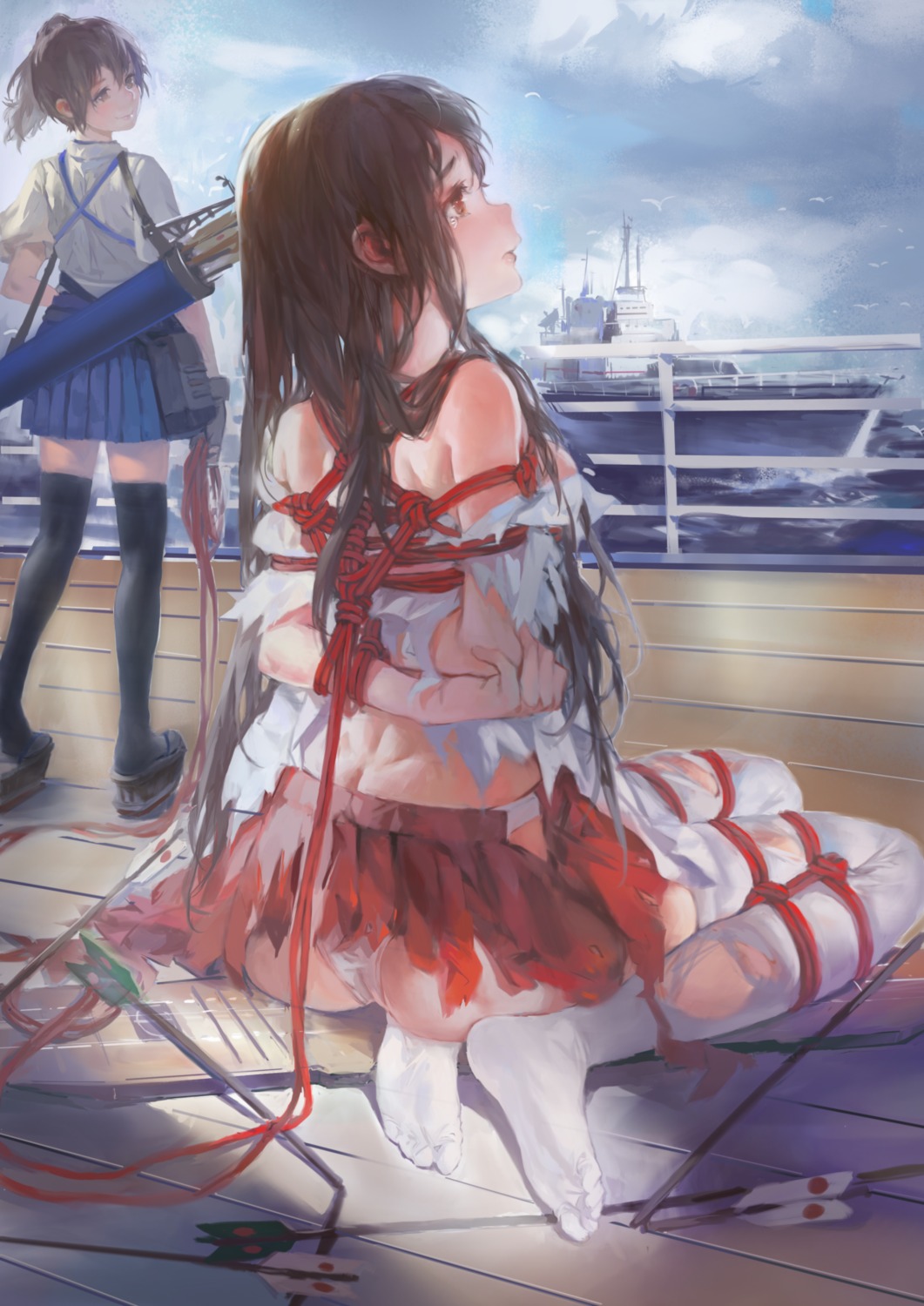 akagi_(kancolle) ass bondage feet kaga_(kancolle) kantai_collection pantsu thighhighs torn_clothes weapon zrero