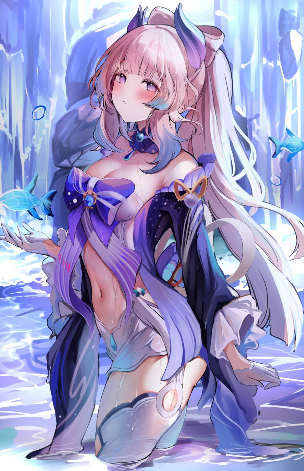 genshin_impact no_bra sak sangonomiya_kokomi see_through thighhighs wet wet_clothes