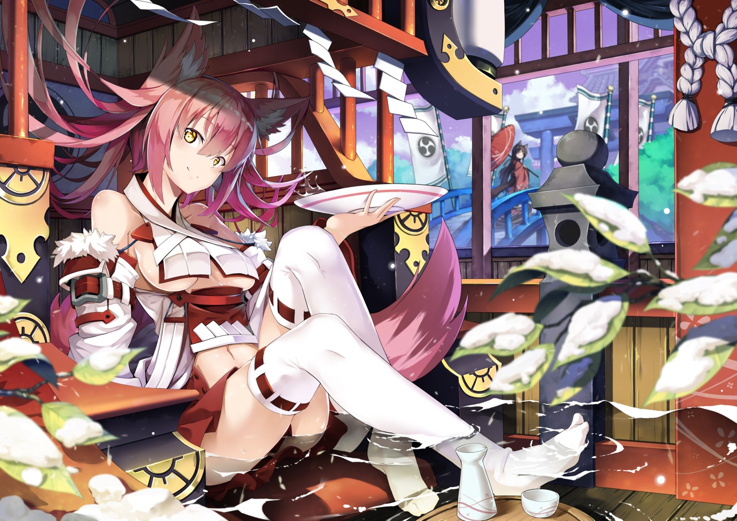 animal_ears feet japanese_clothes jie_laite kitsune no_bra sake skirt_lift tail thighhighs umbrella wet