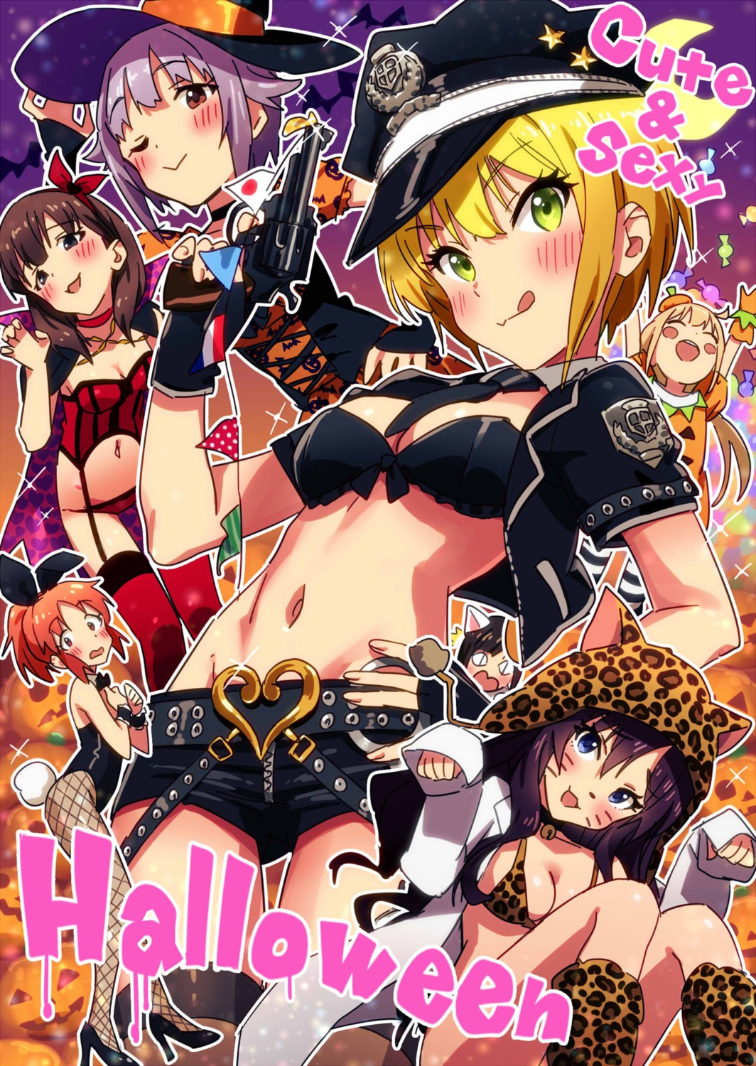 abe_nana animal_ears bikini_top bunny_ears bunny_girl cleavage fishnets futaba_anzu gun halloween heels ichinose_shiki koshimizu_sachiko maekawa_miku miyamoto_frederica nopan open_shirt pantsu pantyhose police_uniform sakuma_mayu sonsoso stockings swimsuits tail the_idolm@ster the_idolm@ster_cinderella_girls thighhighs