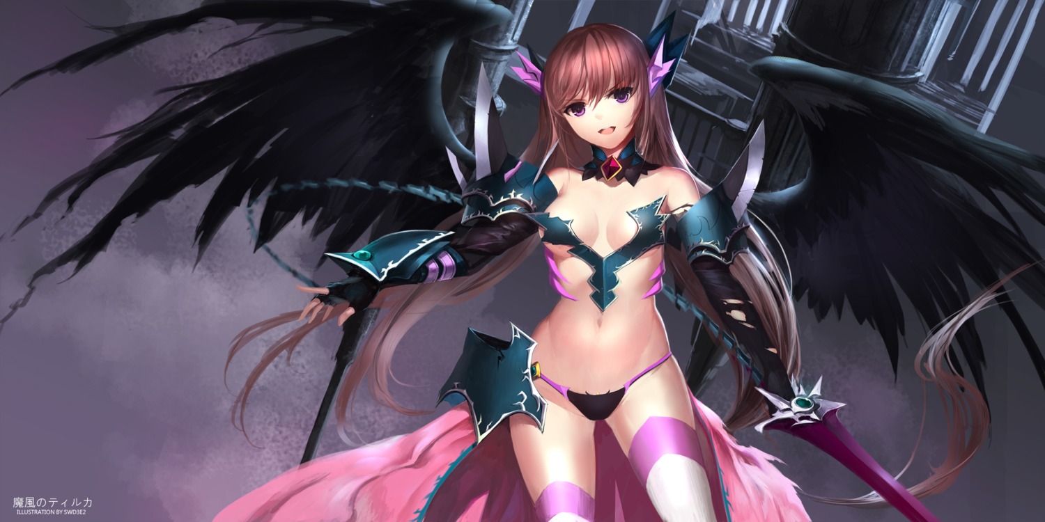 armor bikini_armor cleavage swd3e2 sword thighhighs torn_clothes underboob venus_blood venusblood_-gaia- wings