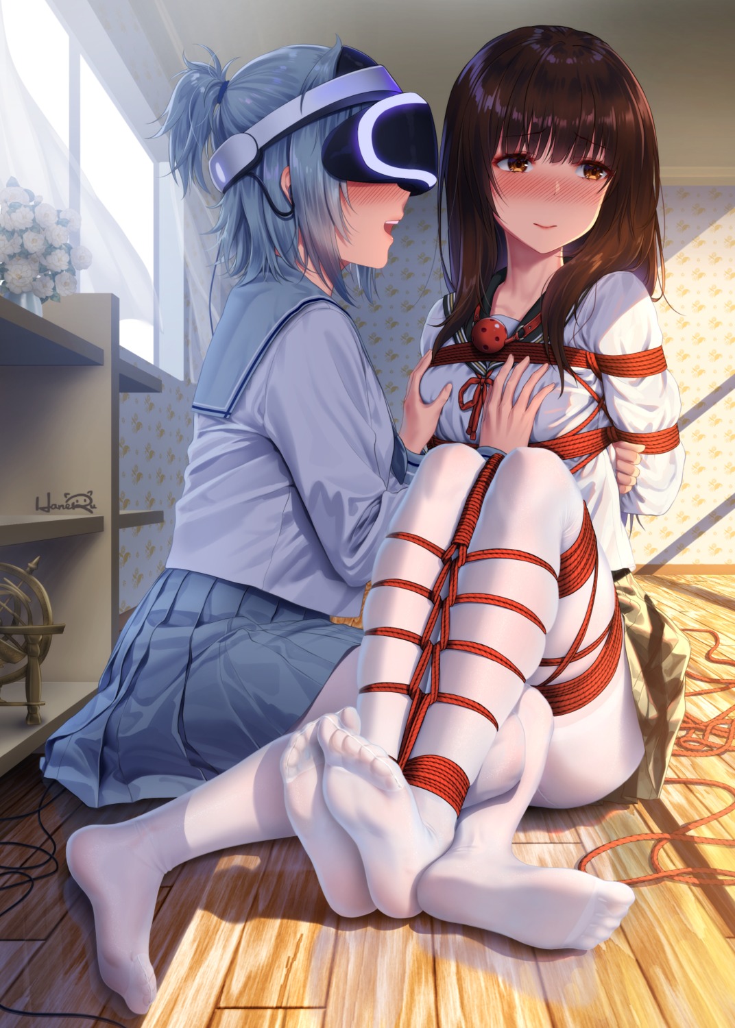 bondage breast_hold feet haneru haori_haruki himino_seika pantyhose seifuku yuri