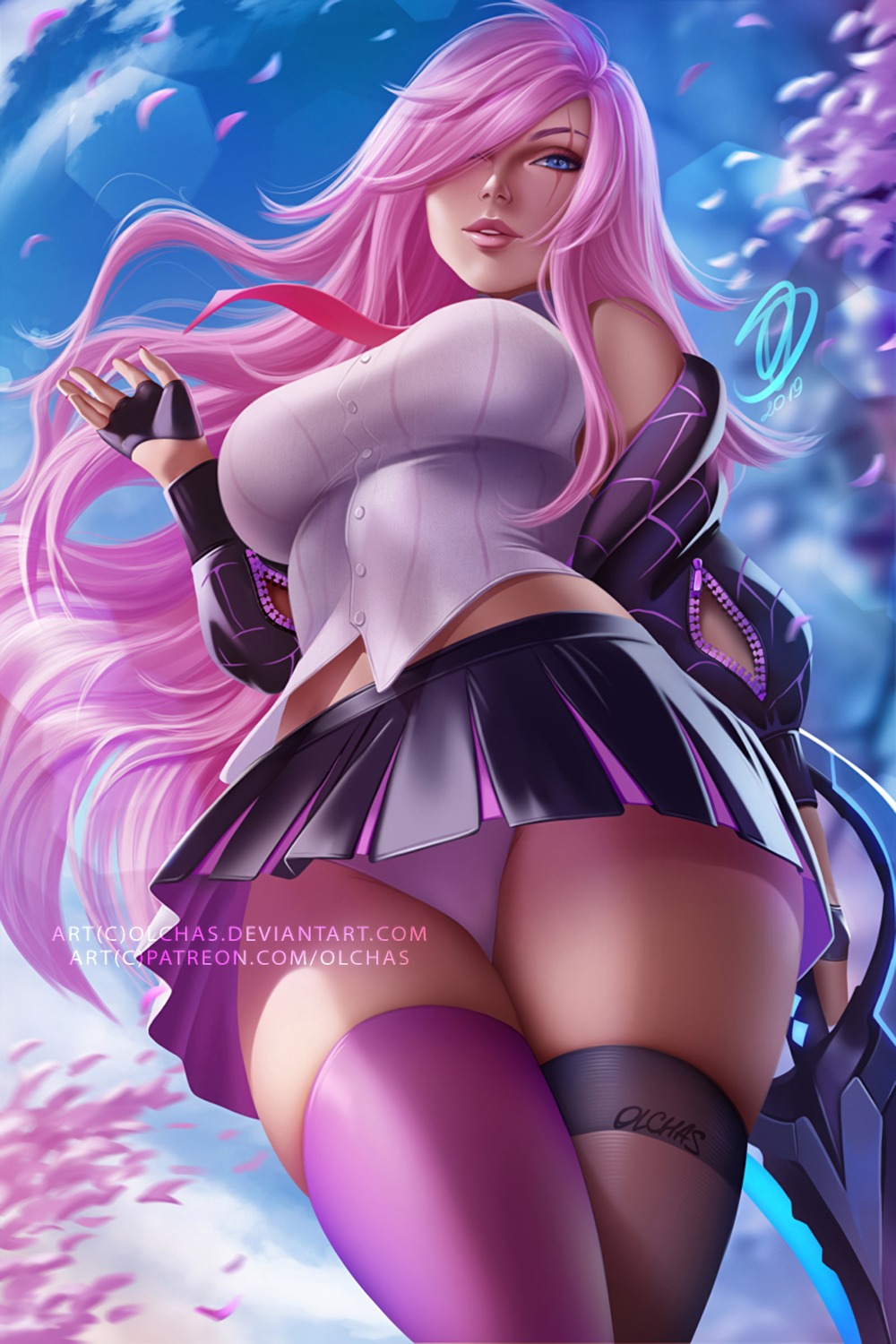 katarina_du_couteau league_of_legends olchas pantsu seifuku skirt_lift thighhighs weapon