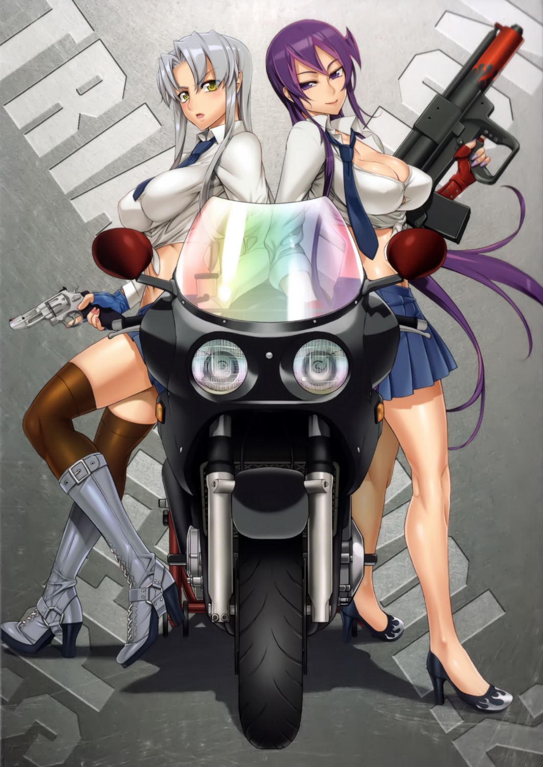 cleavage gun heels inazuma open_shirt thighhighs triage_x uniform