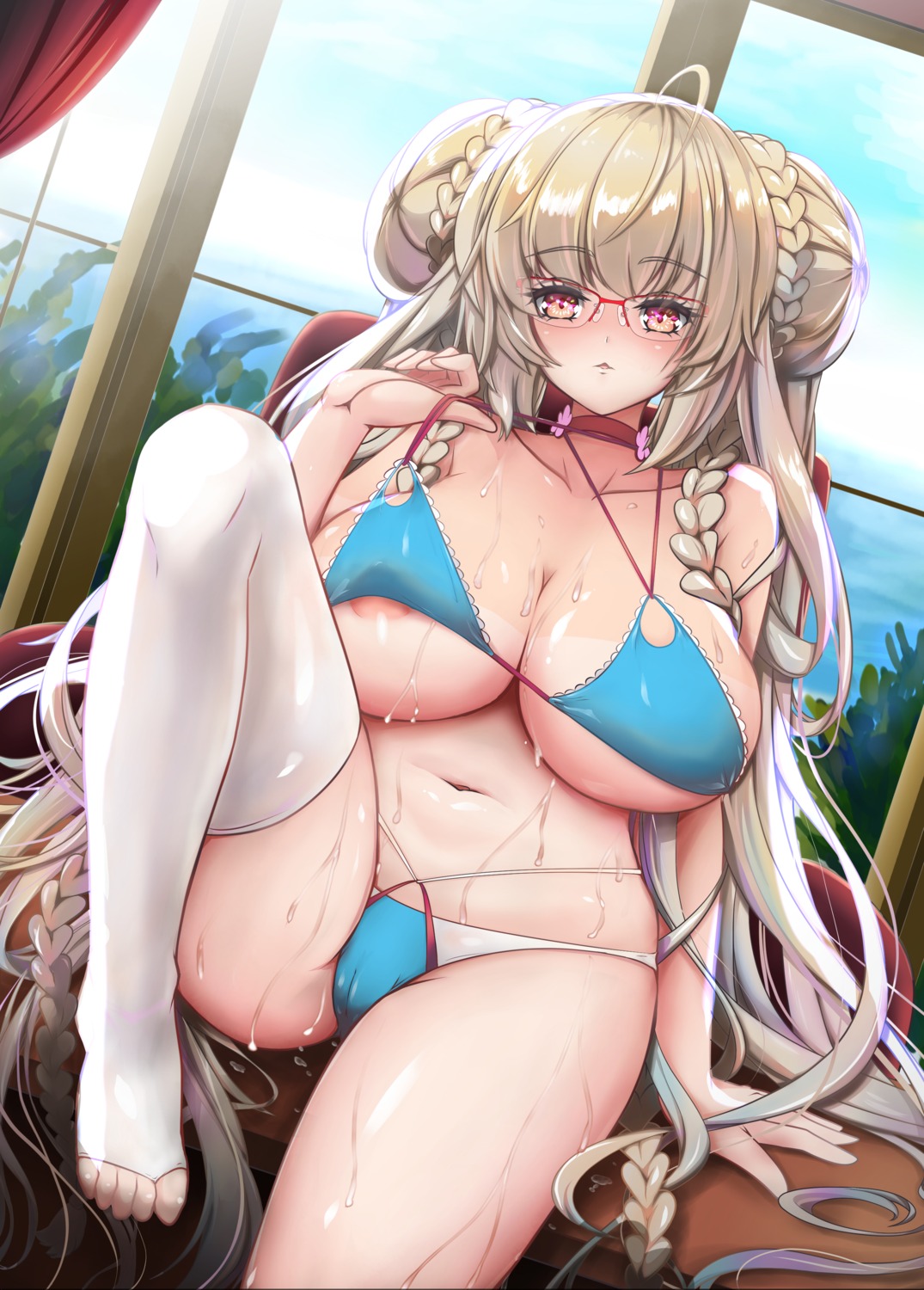 areola azur_lane bikini cameltoe erect_nipples feet formidable_(azur_lane) megane raranokusu swimsuits tan_lines thighhighs undressing wet