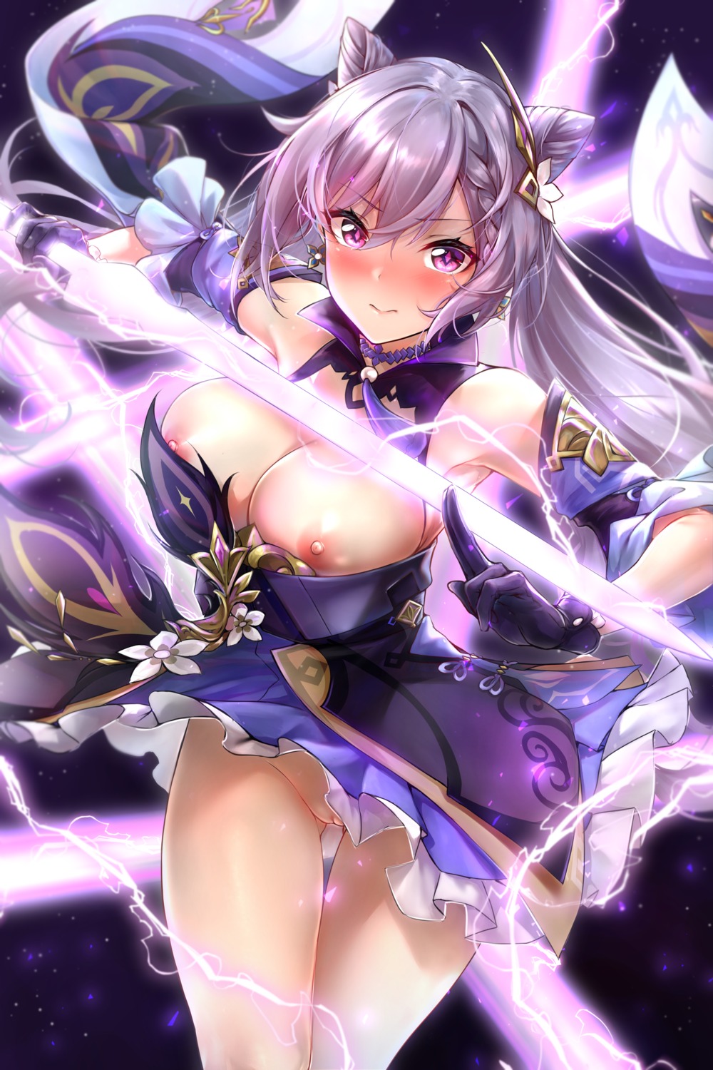 armor asian_clothes breasts genshin_impact keqing nipples no_bra nopan pussy rei_kun skirt_lift sword uncensored