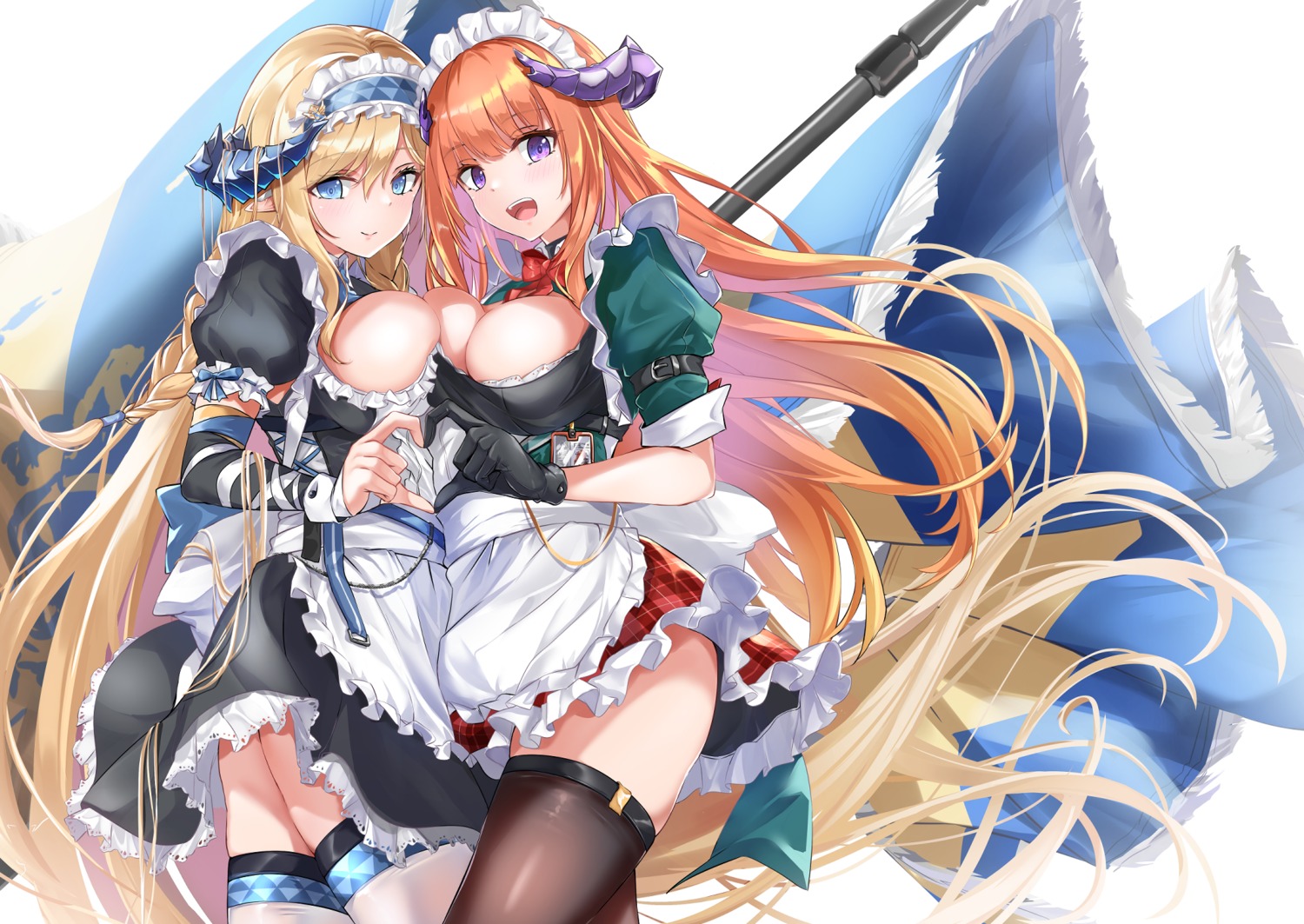 arknights bagpipe_(arknights) fatke horns maid no_bra saileach_(arknights) skirt_lift symmetrical_docking thighhighs