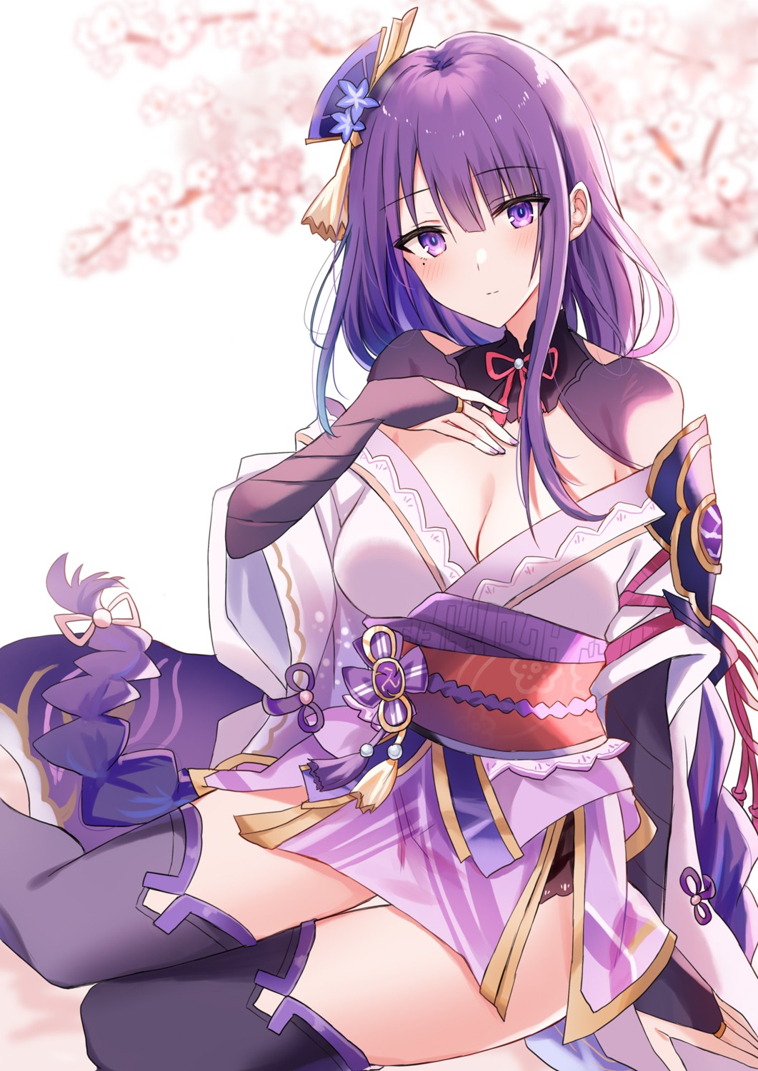 armor genshin_impact japanese_clothes kinona no_bra open_shirt raiden_shogun thighhighs