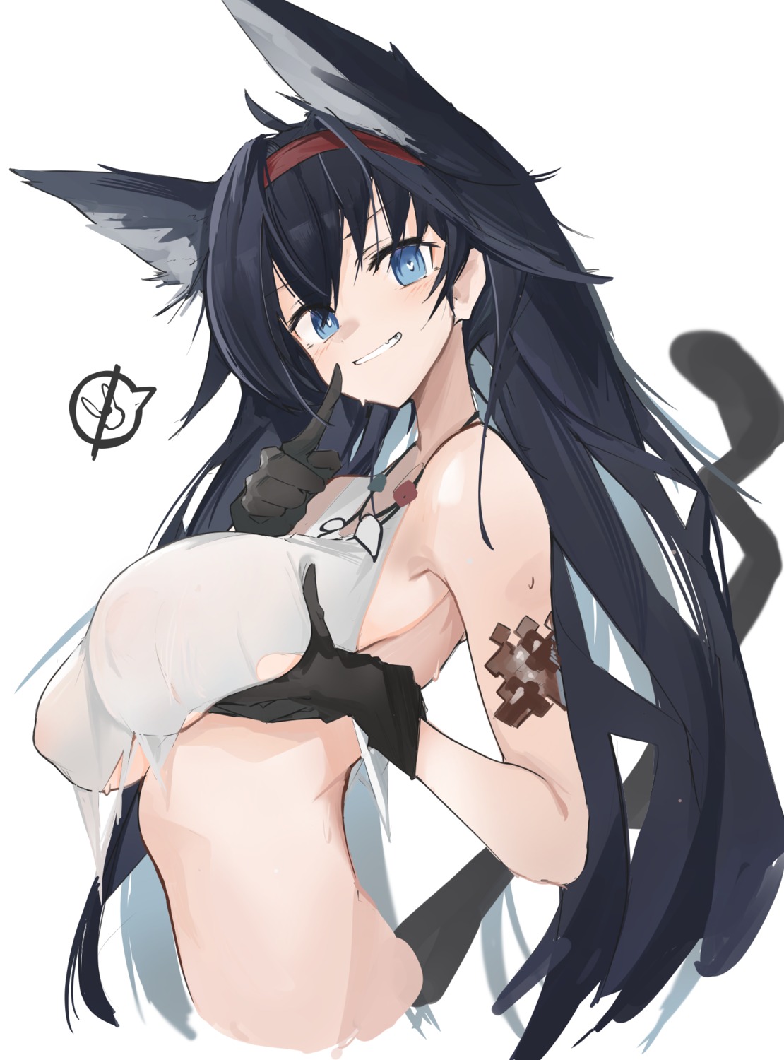 animal_ears areola arknights blaze_(arknights) breast_hold mikojin no_bra see_through sketch torn_clothes
