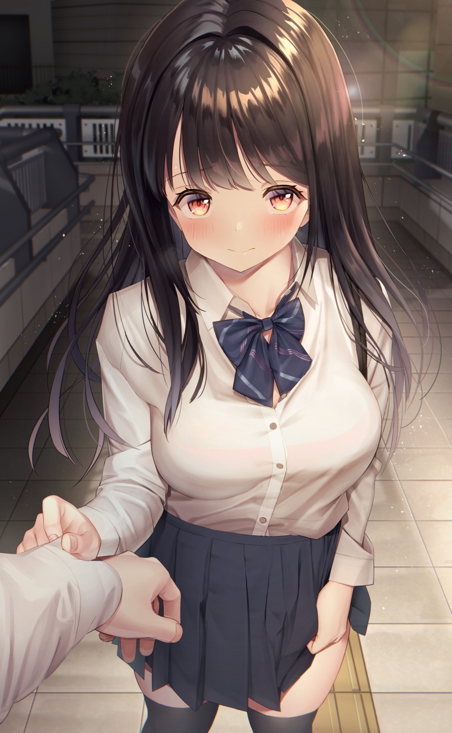 bra hirama open_shirt see_through seifuku skirt_lift thighhighs