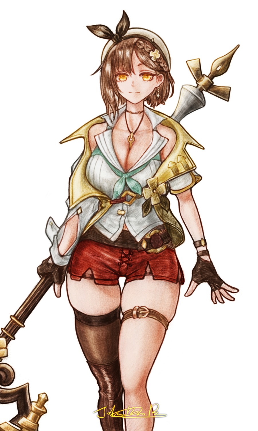 atelier atelier_ryza atelier_ryza_2 cleavage garter jhands_onpc open_shirt reisalin_stout thighhighs weapon