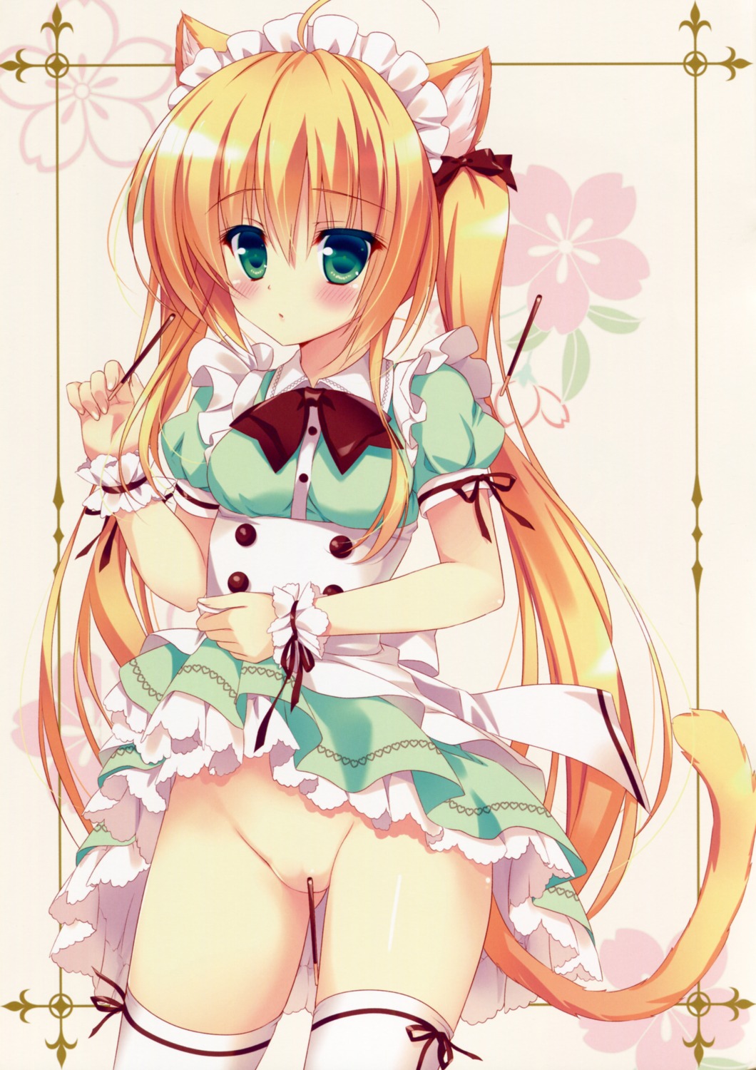 ame_nochi_yuki ameto_yuki animal_ears choco_mint_(ameto_yuki) maid nekomimi nopan skirt_lift tail thighhighs