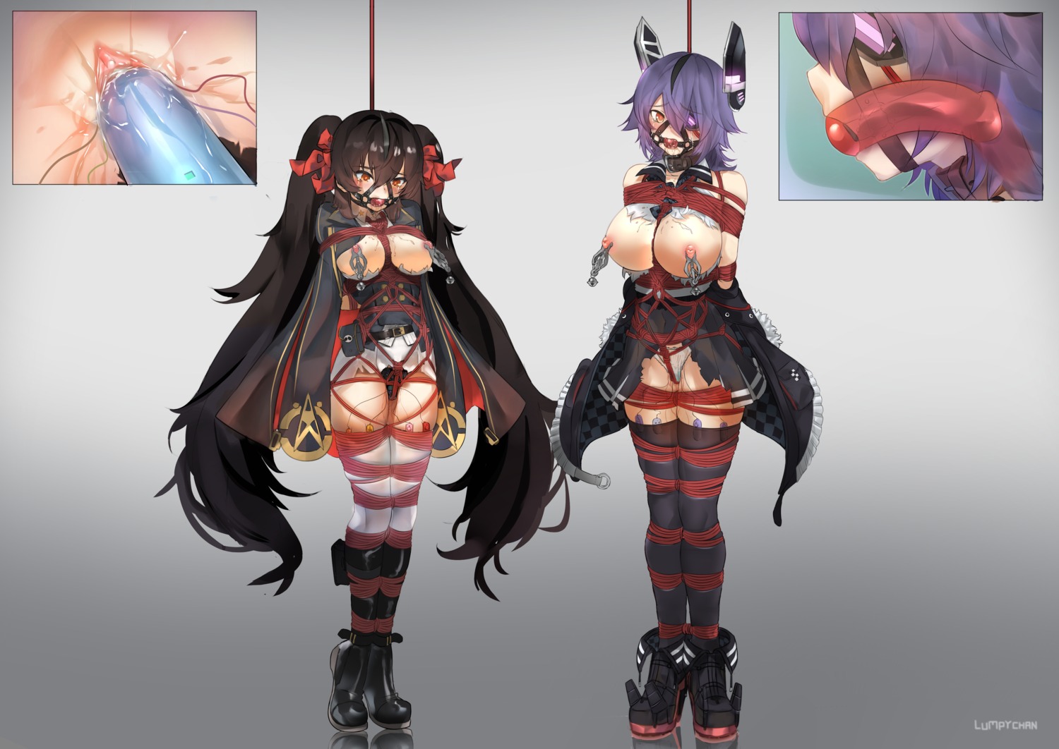 bondage breasts crossover dildo eyepatch girls_frontline heels kantai_collection lumpychan nipples no_bra pantsu pussy pussy_juice qbz-97_(girls_frontline) tenryuu_(kancolle) thighhighs torn_clothes uncensored vibrator