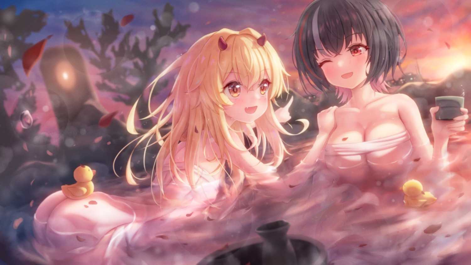 ass horns loli naked onsen sake towel wet zusshii_(libertasgenesis)