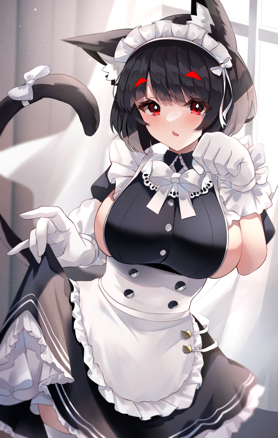 animal_ears azur_lane maid nekomimi no_bra skirt_lift tail thighhighs yamaha_tsui yamashiro_(azur_lane)