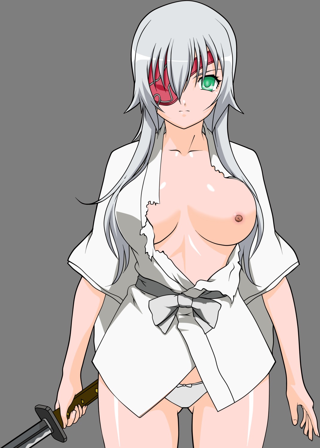 breasts eyepatch hyakka_ryouran_samurai_girls nipples no_bra pantsu torn_clothes transparent_png vector_trace yagyuu_gisen