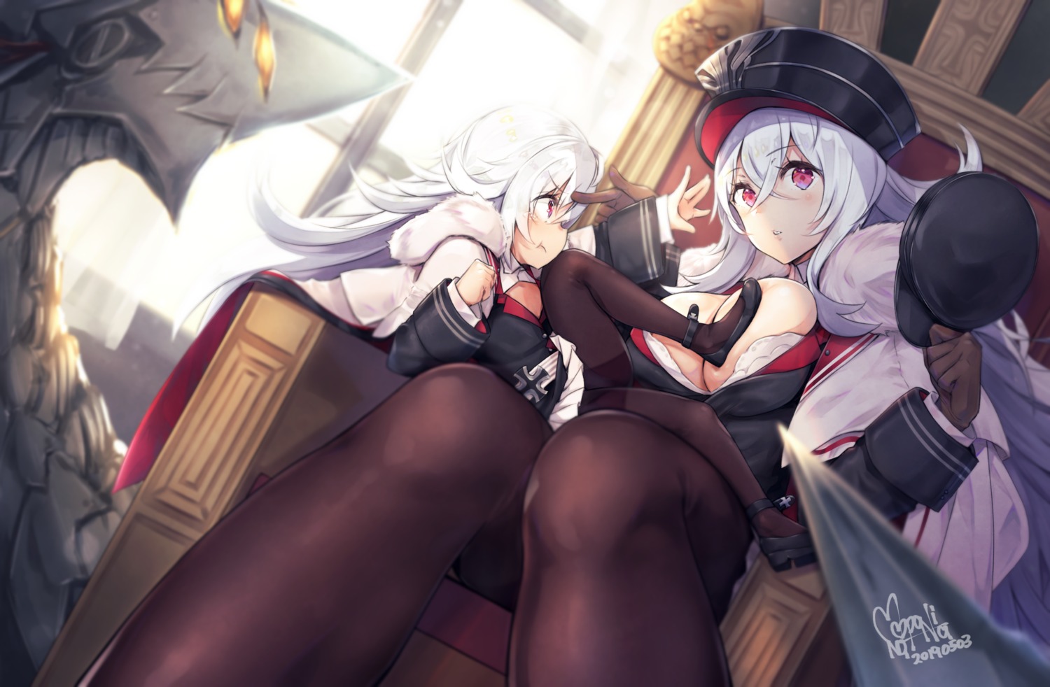 azur_lane bra breasts graf_zeppelin_(azur_lane) mappaninatta open_shirt pantyhose uniform zeppelin-chan_(azur_lane)