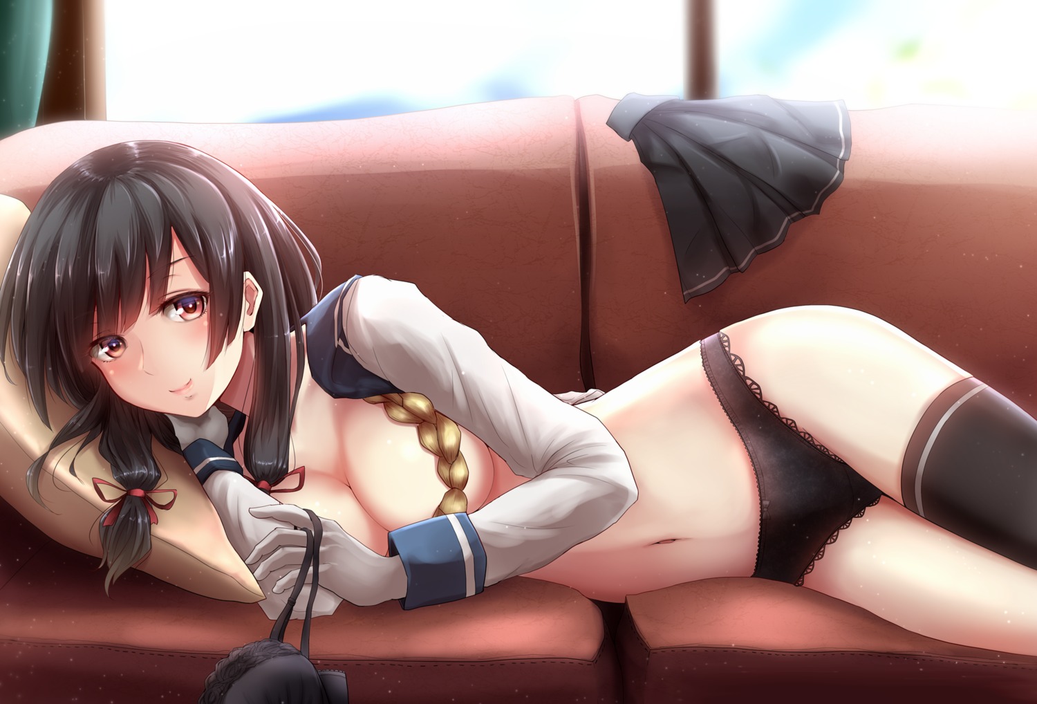 artist_revision breasts isokaze_(kancolle) kantai_collection no_bra nuka open_shirt pantsu seifuku thighhighs