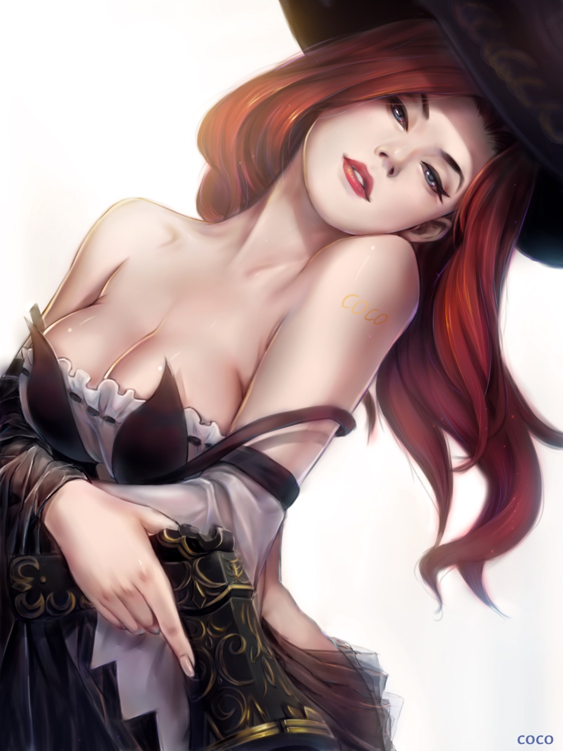 cleavage destincelly gun league_of_legends miss_fortune see_through tattoo