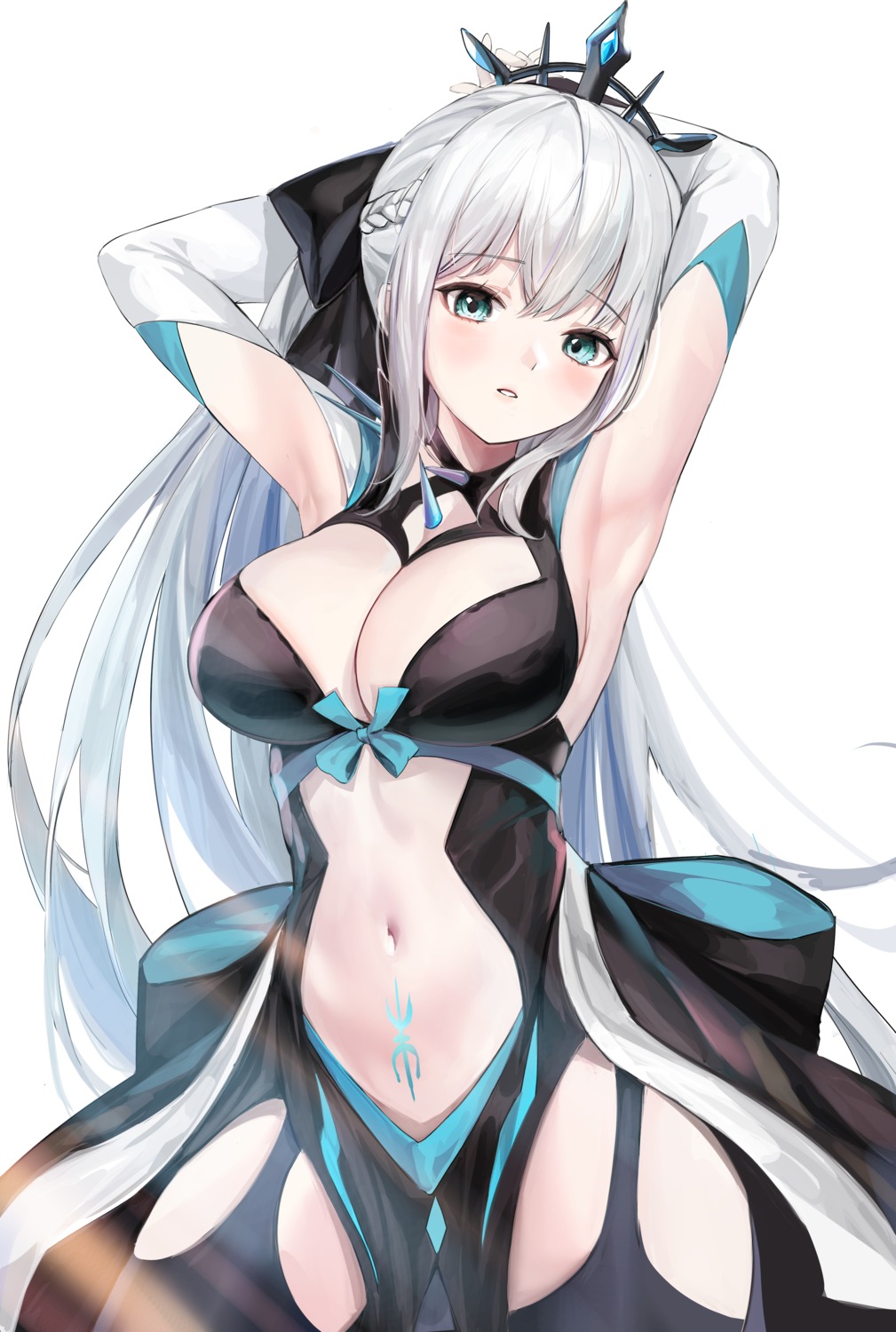 cleavage fate/grand_order lillly morgan_le_fay_(fate) no_bra stockings tattoo thighhighs