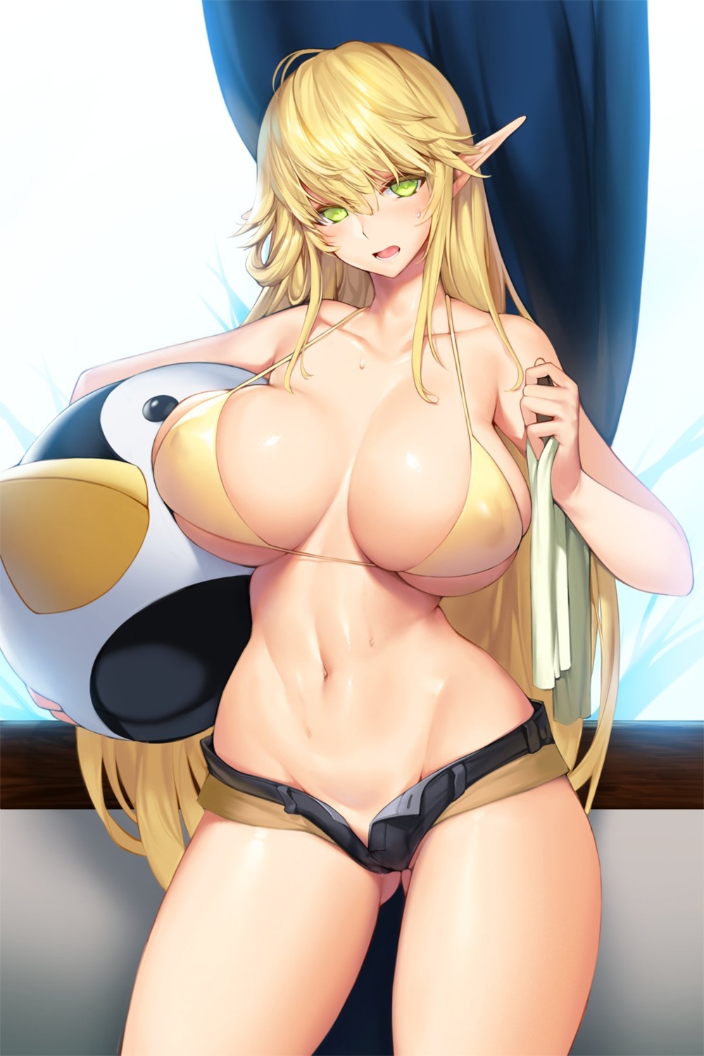 bikini_top cameltoe elf erect_nipples nopan pointy_ears snowball swimsuits sword_girls treanna