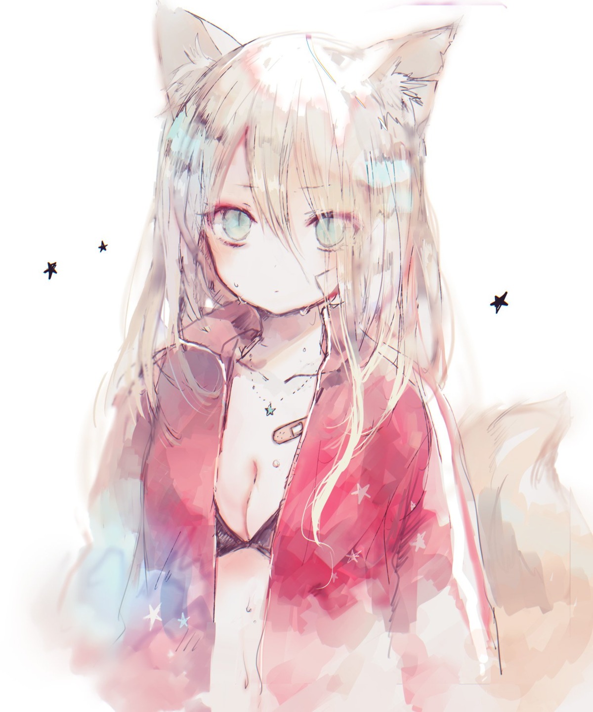 animal_ears bandaid bra cleavage nekomimi onineko open_shirt tail