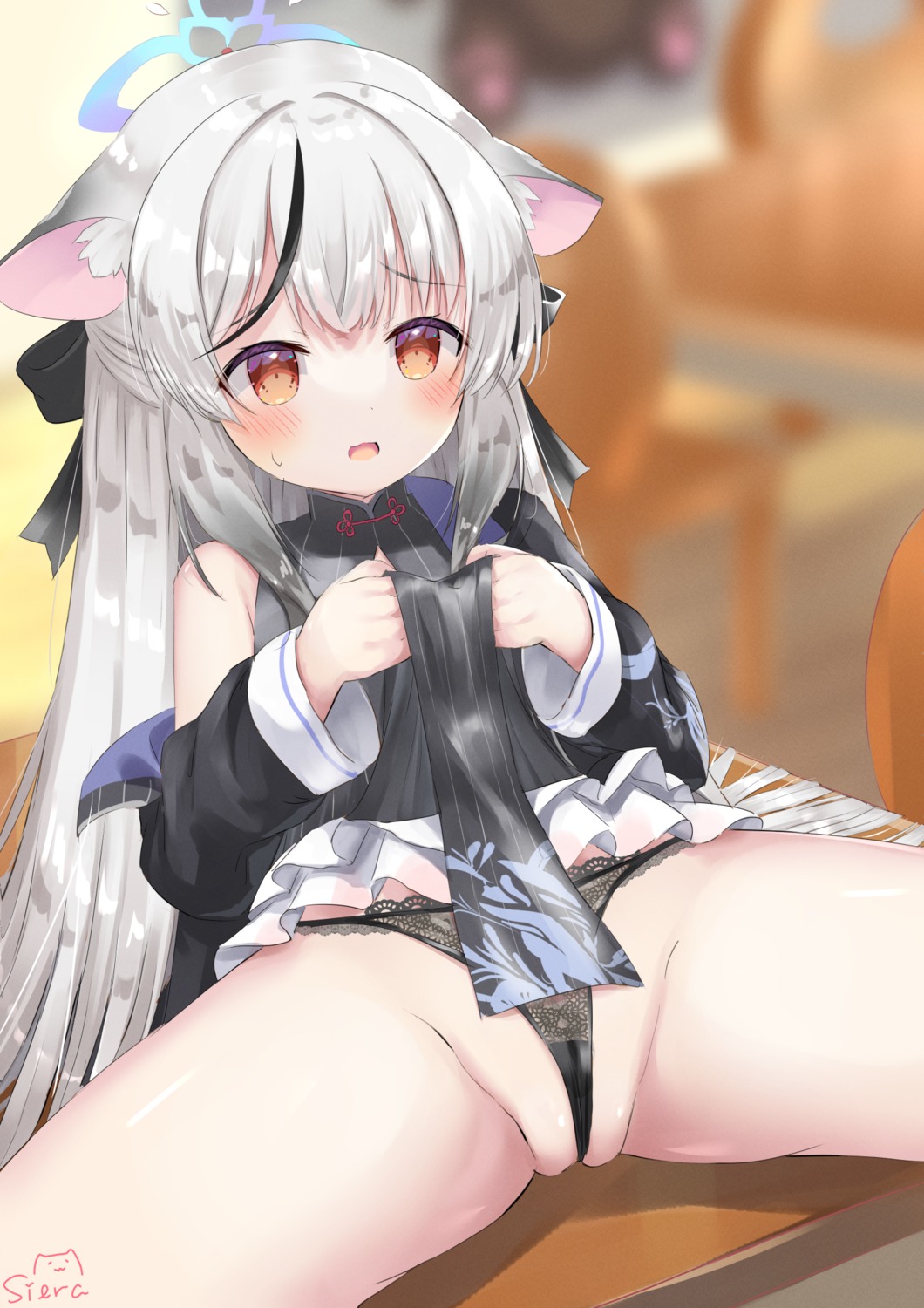 animal_ears blue_archive cameltoe dress halo loli nekomimi pantsu see_through siera_(sieracitrus) skirt_lift sunohara_kokona thong undressing