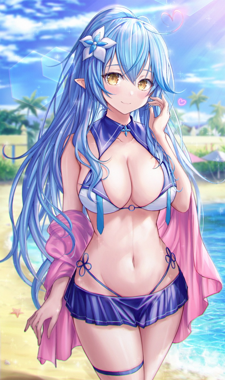 bikini elf garter hololive mirukurim open_shirt pointy_ears swimsuits yukihana_lamy