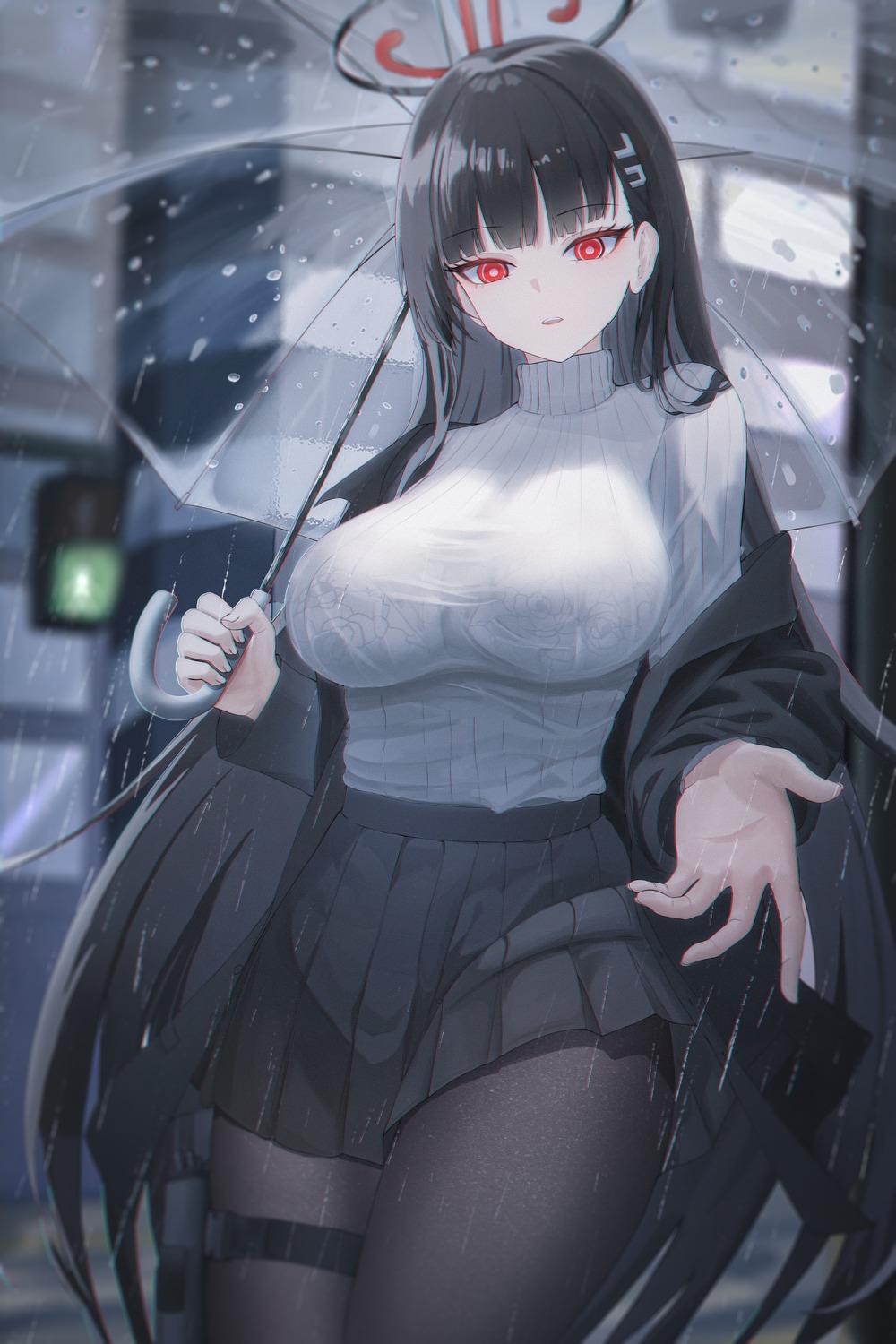 blue_archive bra garter halo pantyhose rega see_through sweater tsukatsuki_rio umbrella uniform