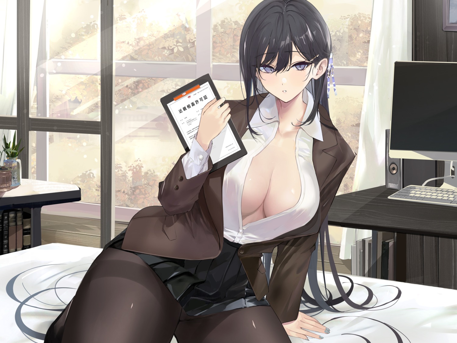 mexif no_bra open_shirt pantyhose seifuku skirt_lift