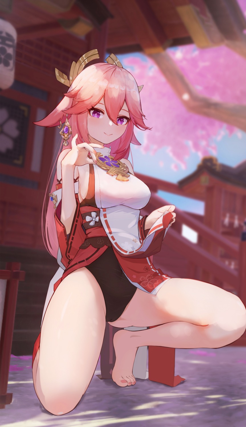 animal_ears genshin_impact japanese_clothes kitsune leotard luma_li no_bra yae_miko