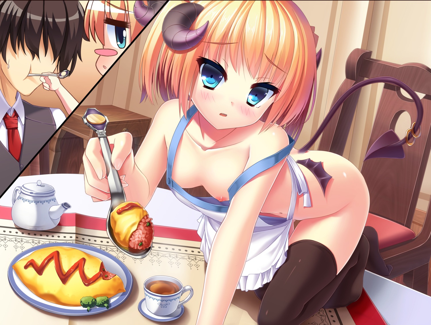 devil horns loli naked_apron nipple_slip nipples pussy tail thighhighs tonchan